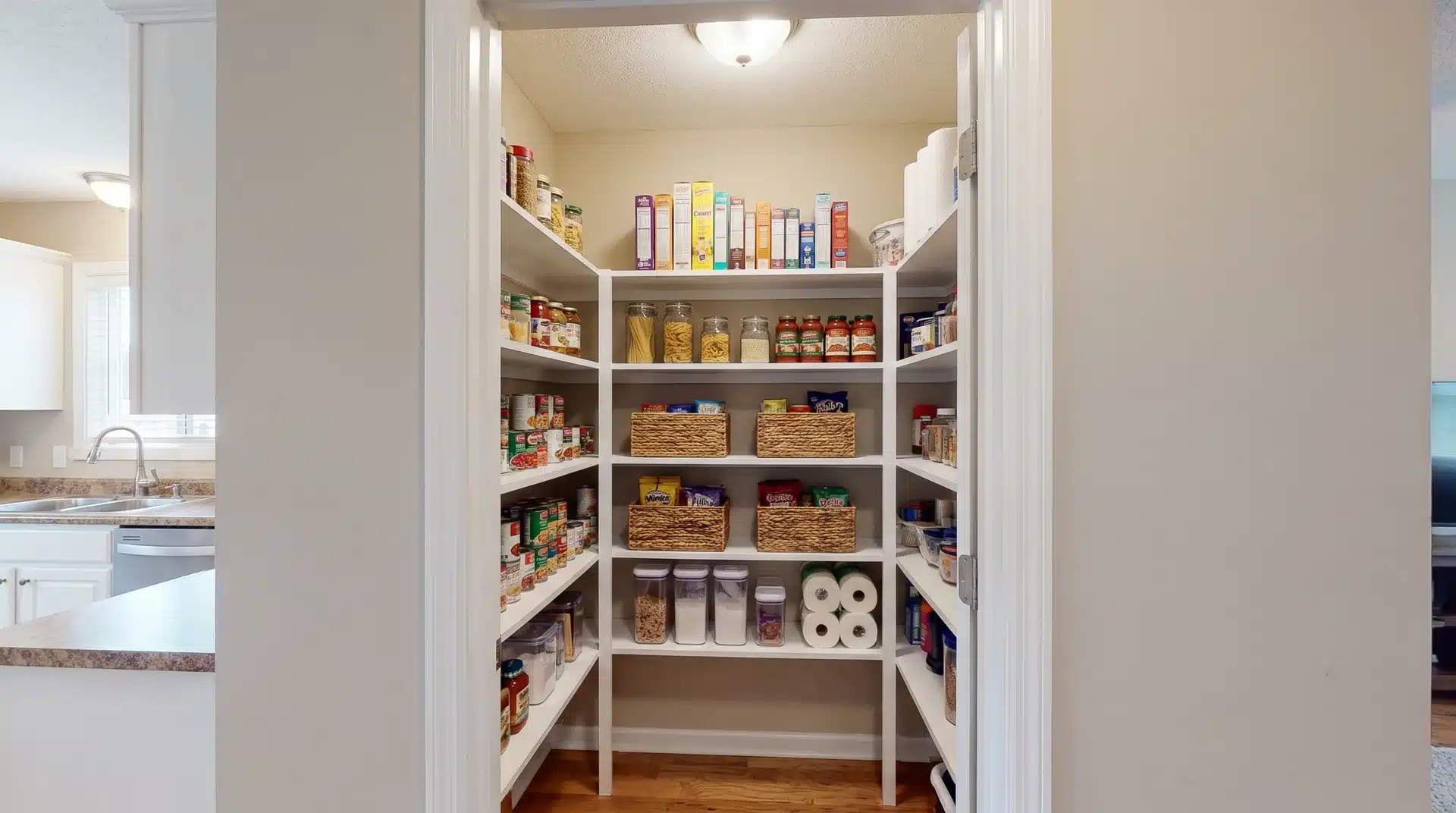 Small closet converted into a pantry with wall shelves holding cereal boxes, jars, cans, baskets, and other pantry items