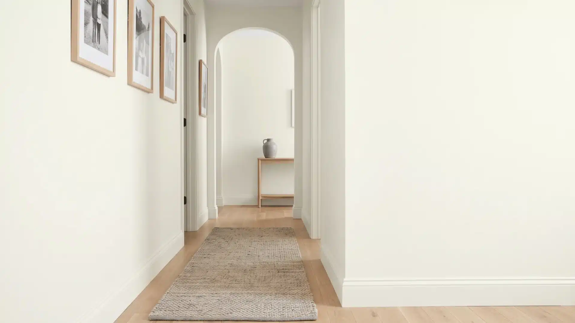 Hallway with warm white walls and beige, gray, and natural wood accents