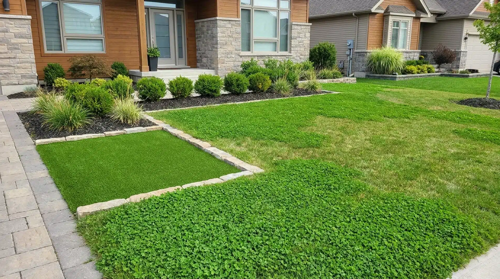 Low-maintenance front yard with clover lawn, artificial turf, stone edging, and easy-care plants.