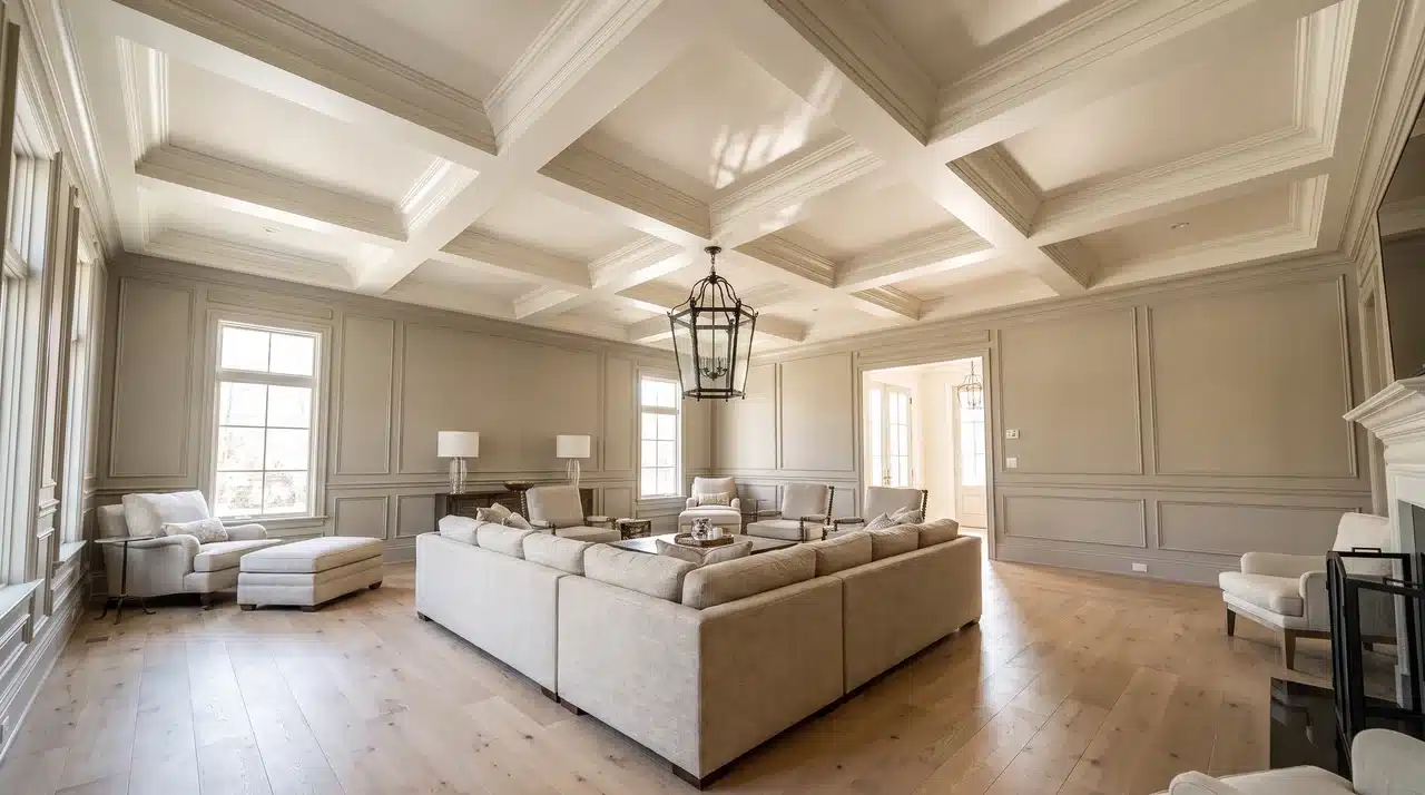  Grand living room with 12-foot ceilings and a full white coffered ceiling grid built from intersecting crown molding and box beams.