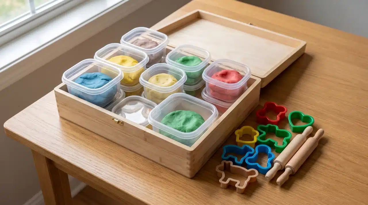 Colored play dough in containers with child-safe cutters and rollers inside a reusable box
