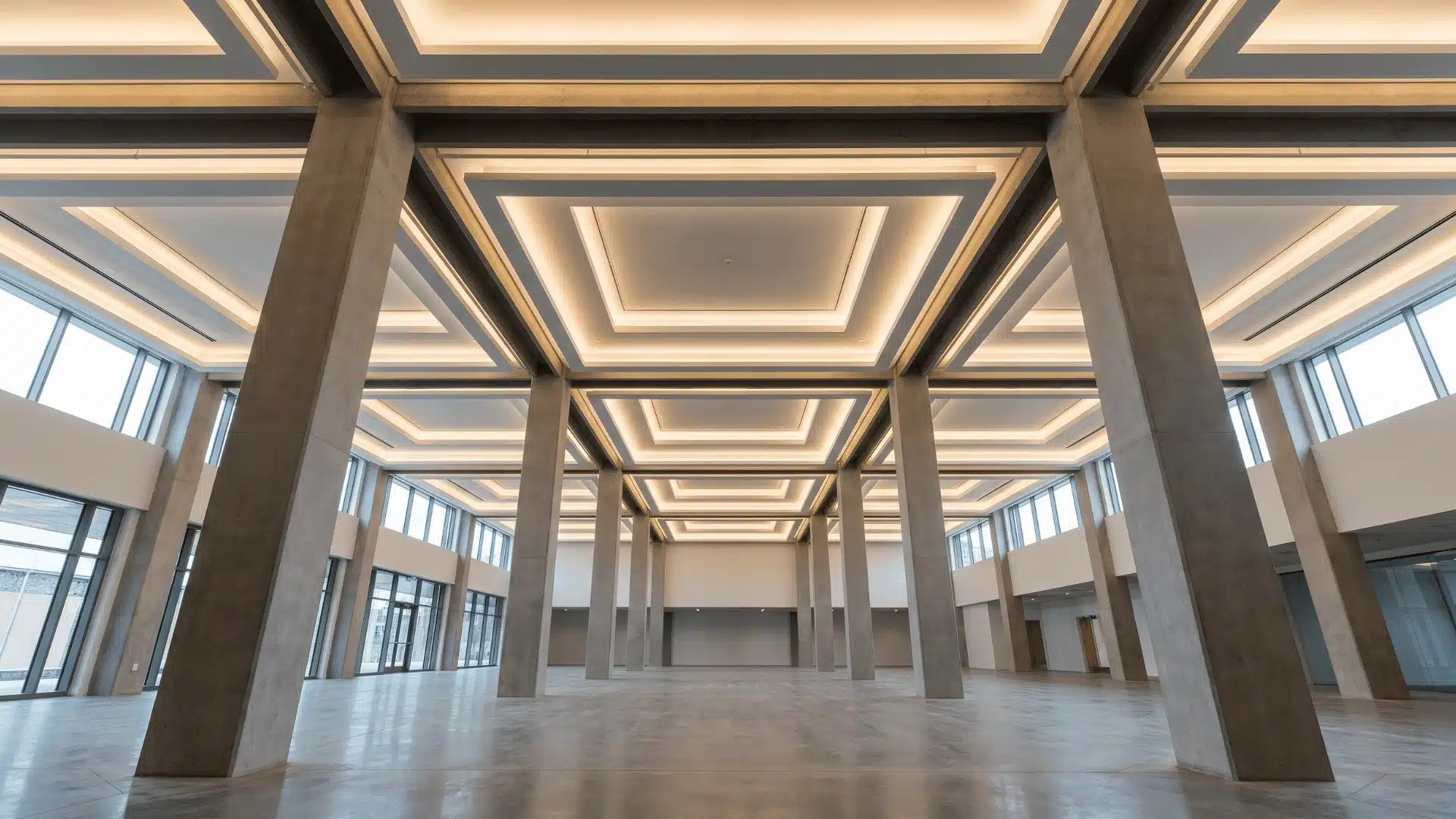 Column-integrated tray ceiling aligning recessed ceiling design with structural columns.