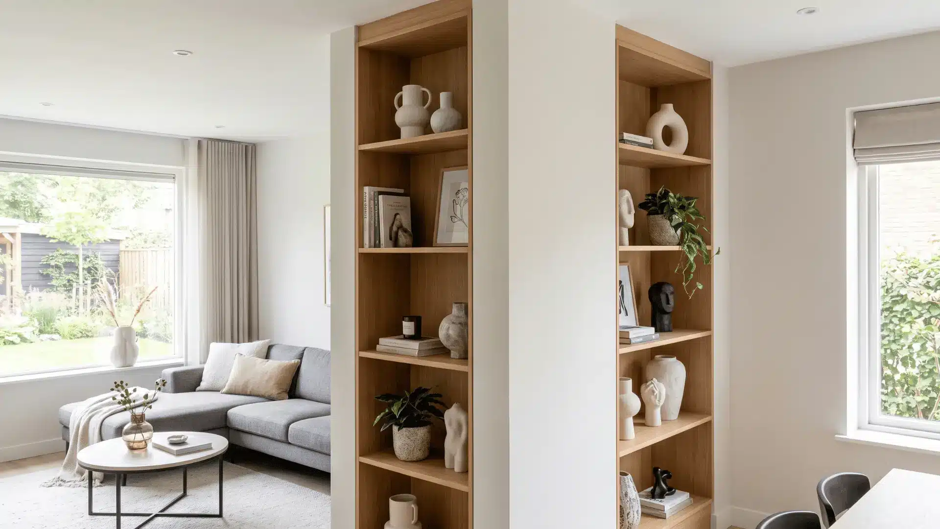  Column wrapped in shelving turned into decorative focal point.