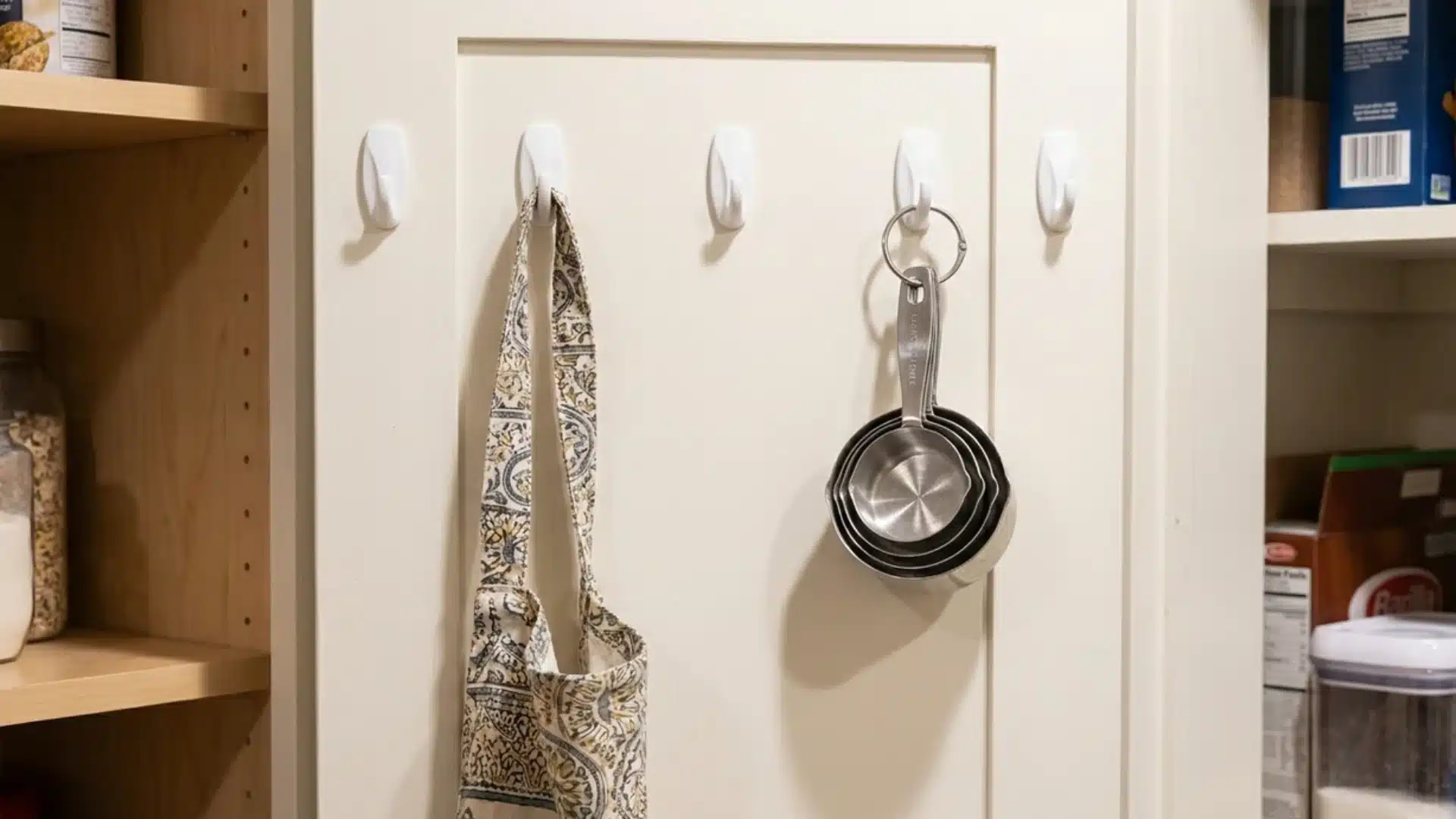 Adhesive hooks mounted on the back of a pantry door holding small hanging kitchen items