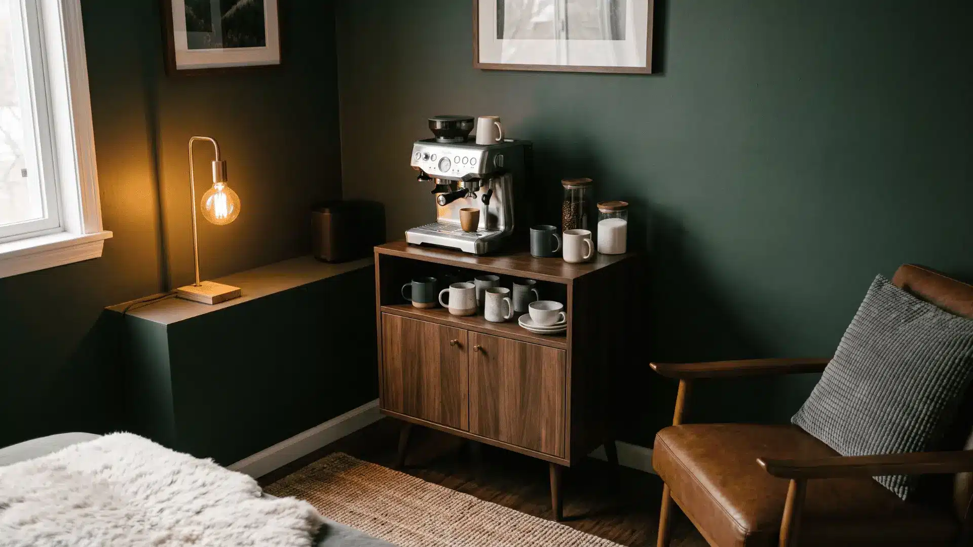 Compact bedroom coffee station with a coffee maker, mugs, and organized supplies