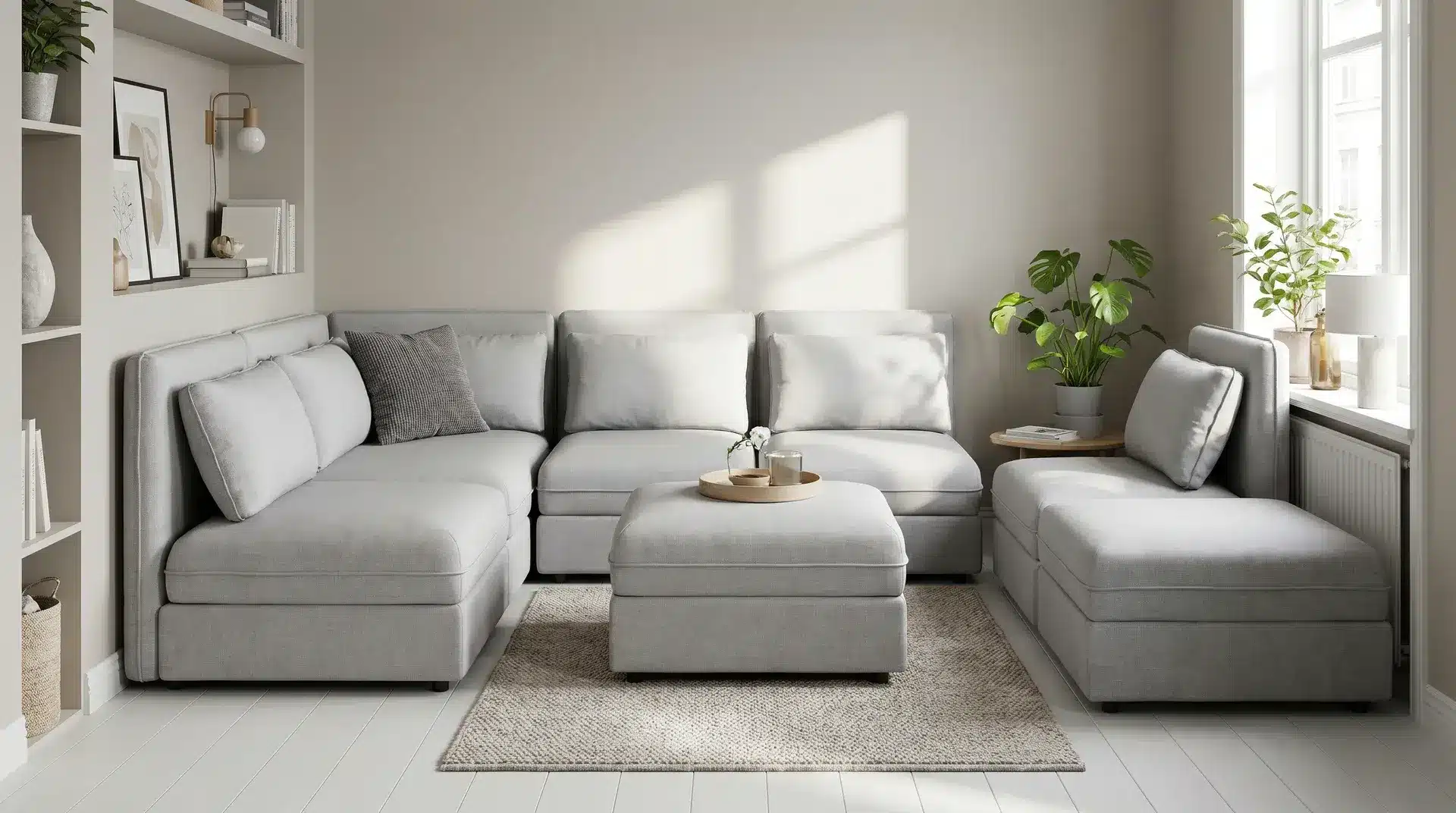 Compact modular sofas in a small living room allowing flexible arrangement and extra seating.