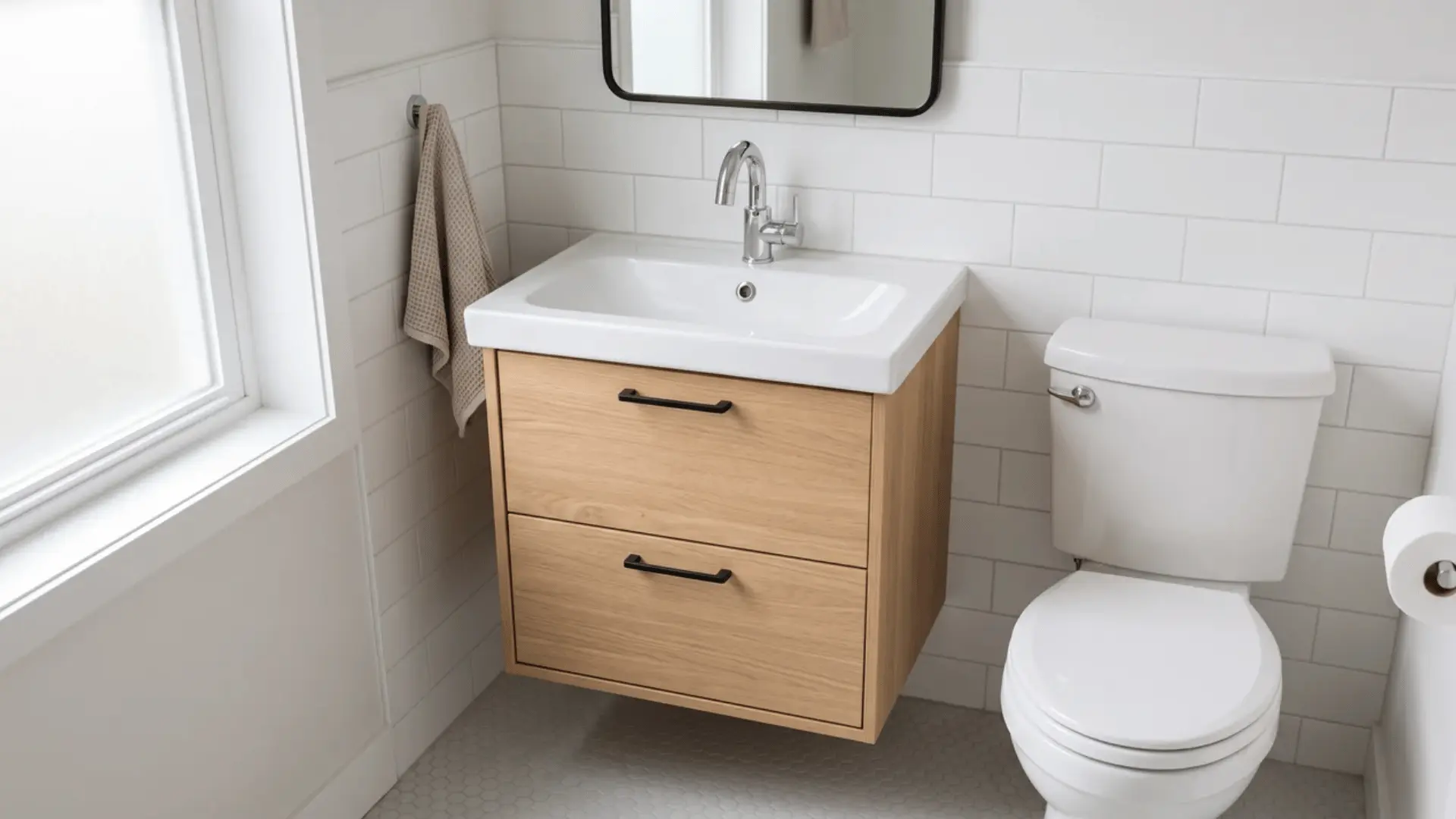 Compact vanity with storage in small bathroom