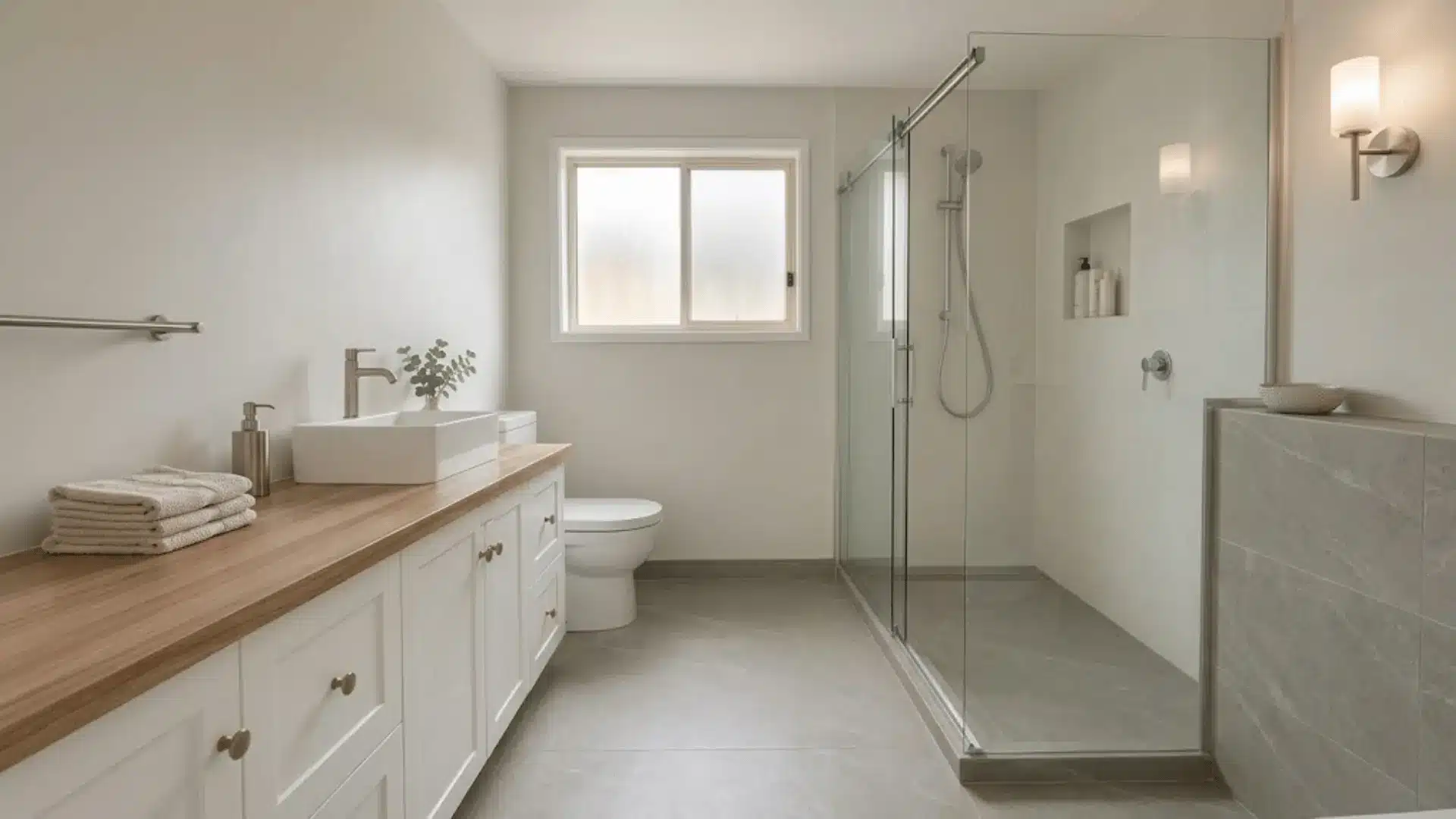 Continuous gray flooring extending across the small bathroom and into the shower area