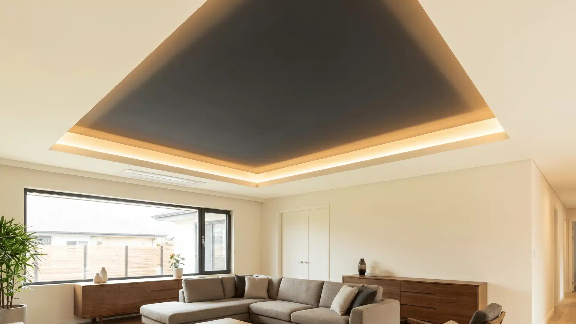 Dark recessed tray ceiling creating strong framed depth effect.