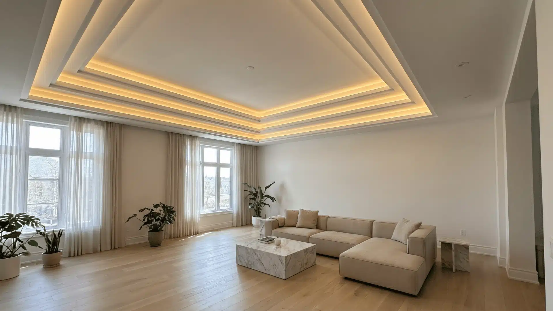 Light recessed tray ceiling creating open and elevated ceiling effect.