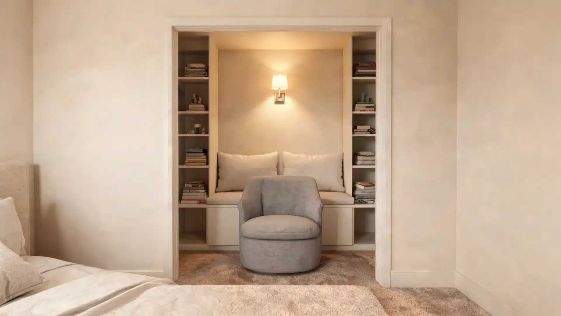 Closet converted into a cozy reading nook featuring built-in shelving, soft lighting, and an armchair.