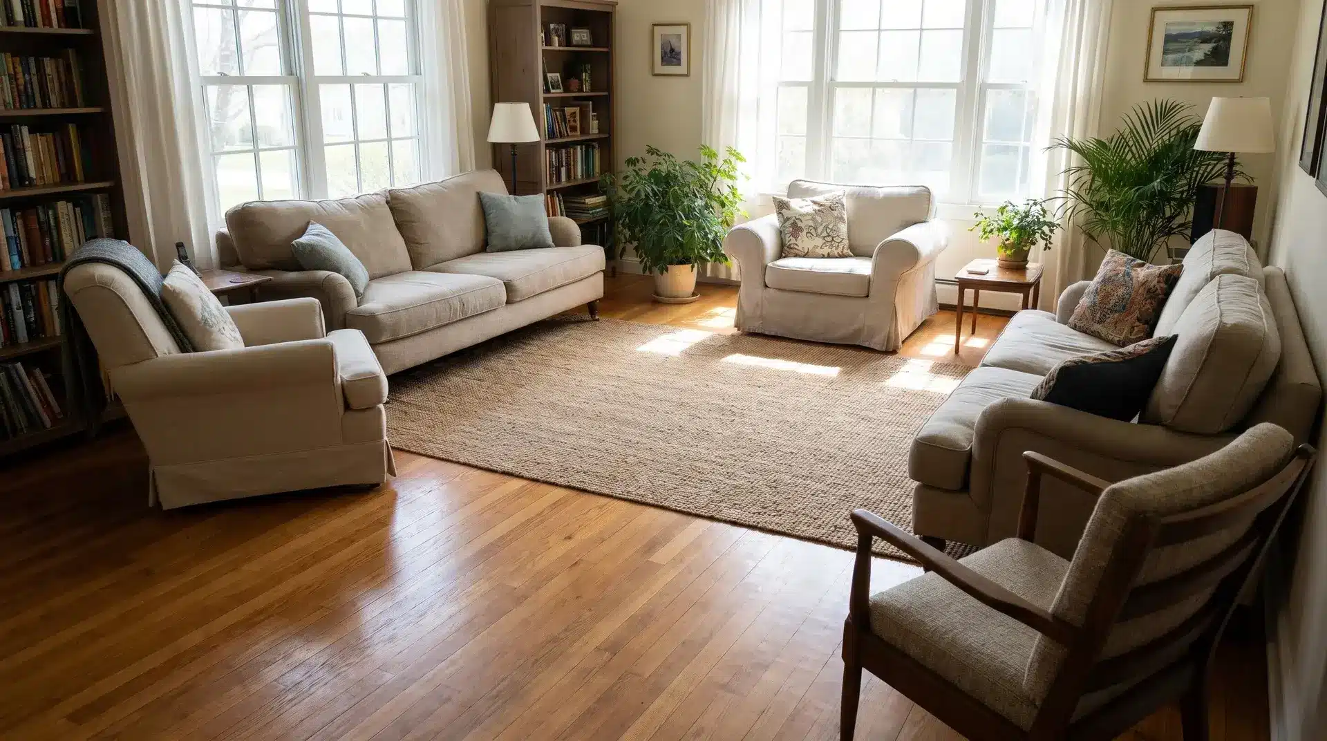 Furniture arranged toward room corners to open central space and make the living room feel larger.