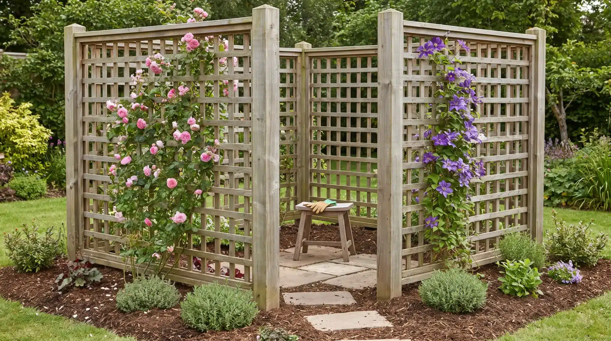 Two trellis panels joined at a right angle to support flowering vines in a garden corner.