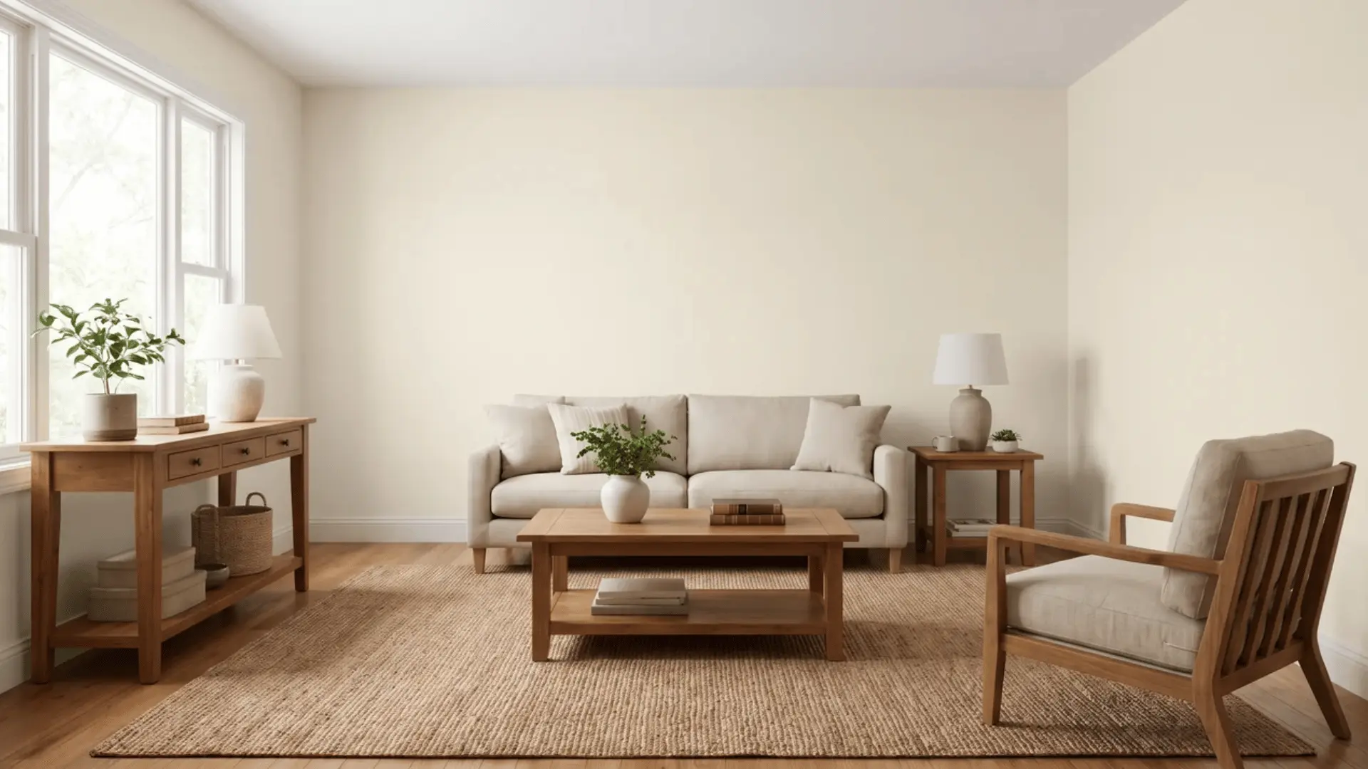 Living room with cream white walls, jute rug, and warm wood furniture