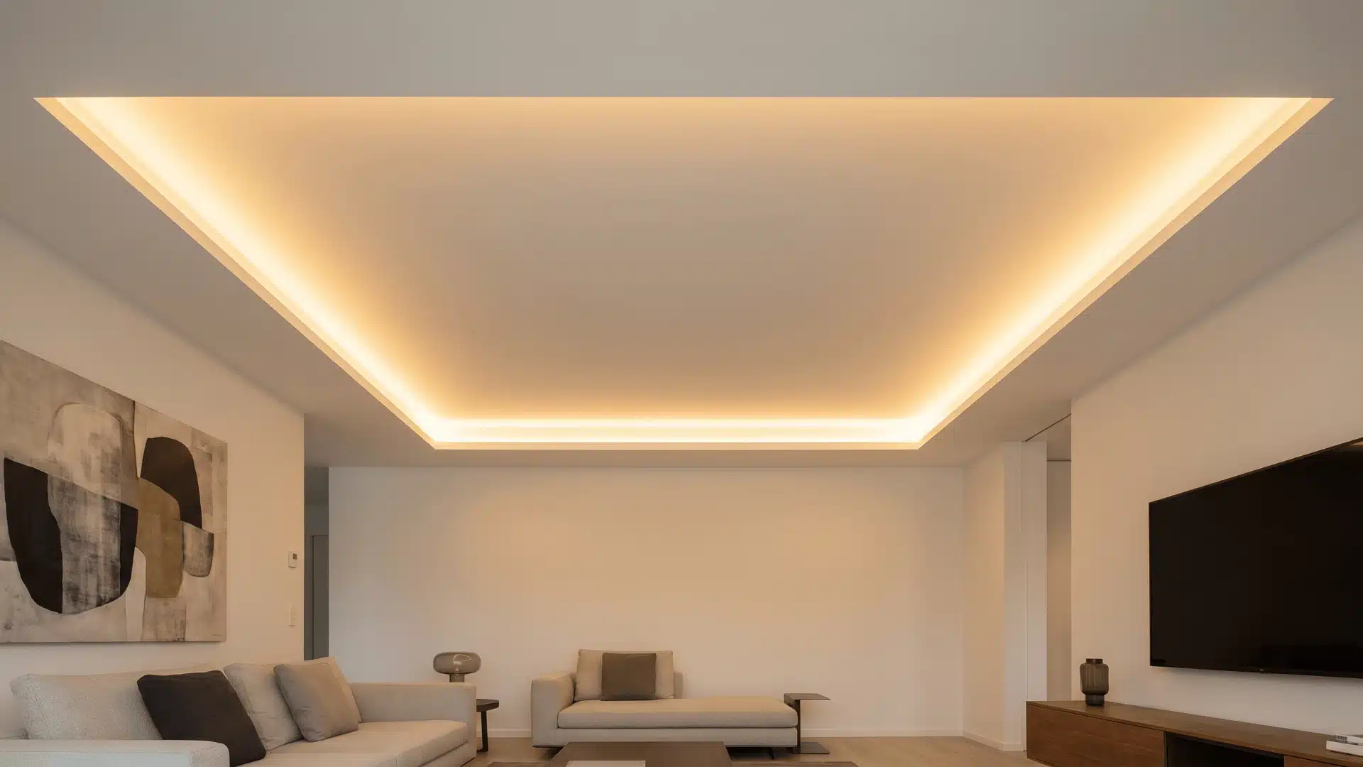 Cove-lit tray ceiling with hidden LED glow creating soft ambient wash.