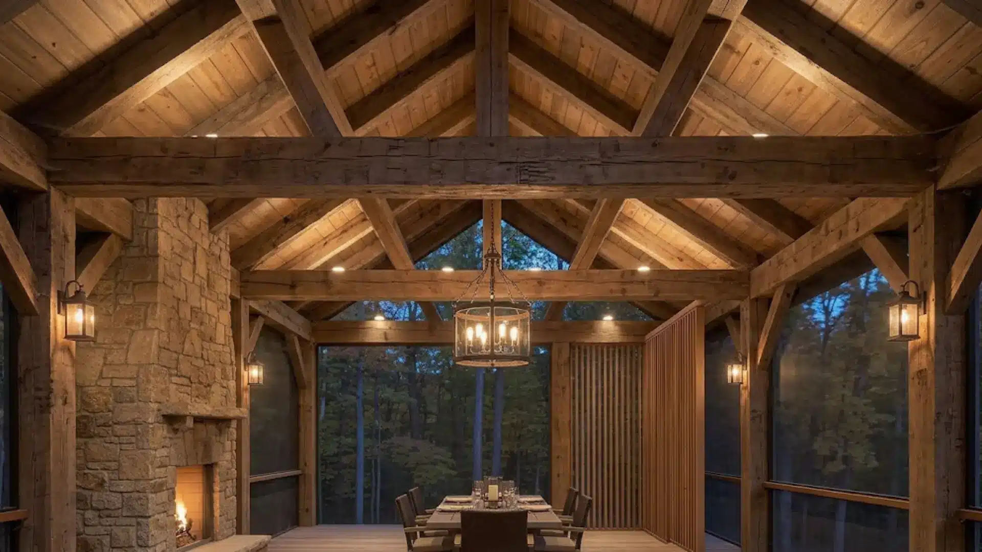 Timber-frame covered patio illuminated by built-in ceiling lights and a central hanging lantern.