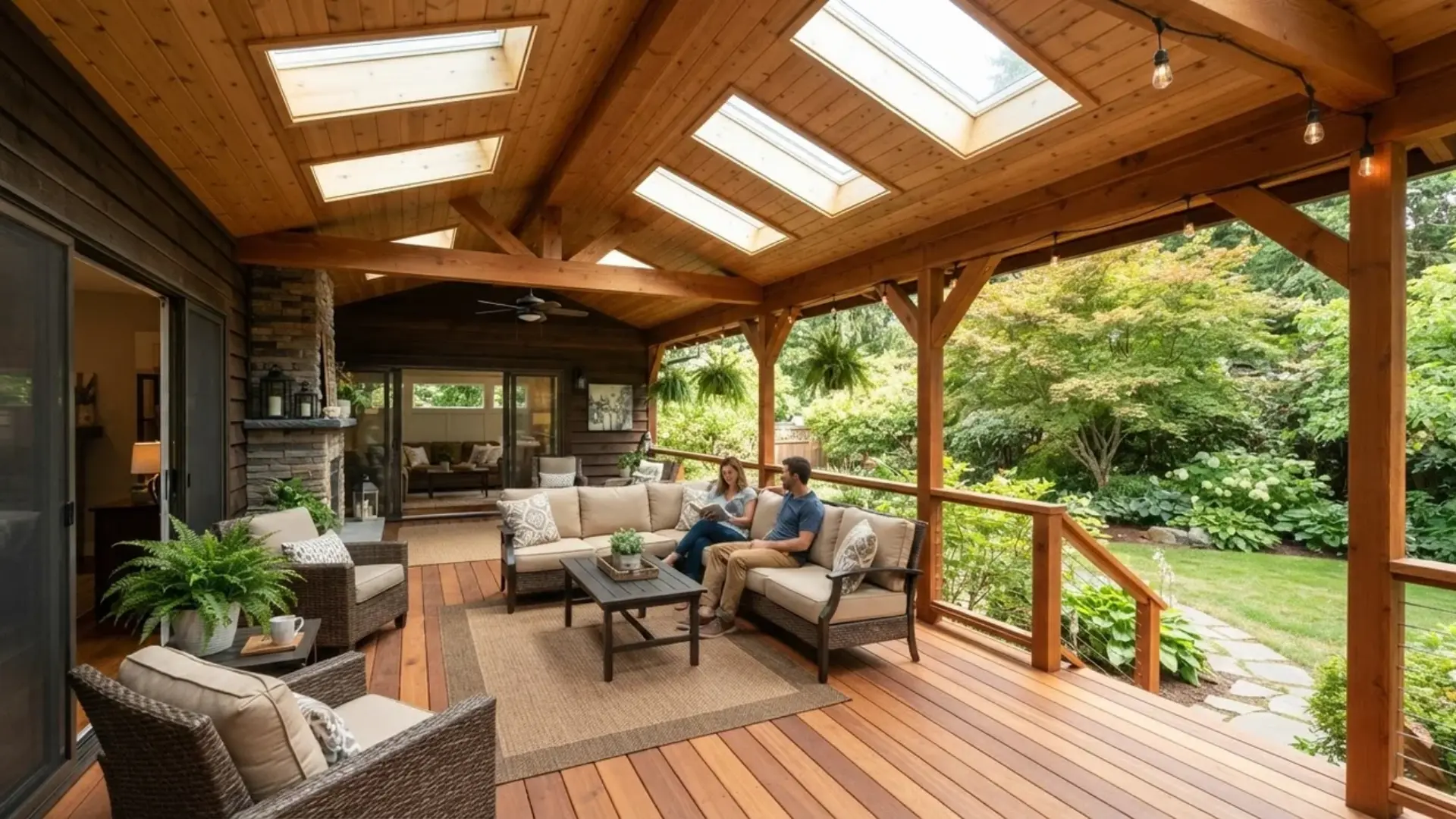 A couple sits on an L-shaped sectional outdoor sofa on a spacious wooden covered deck with skylights, overlooking a lush green garden