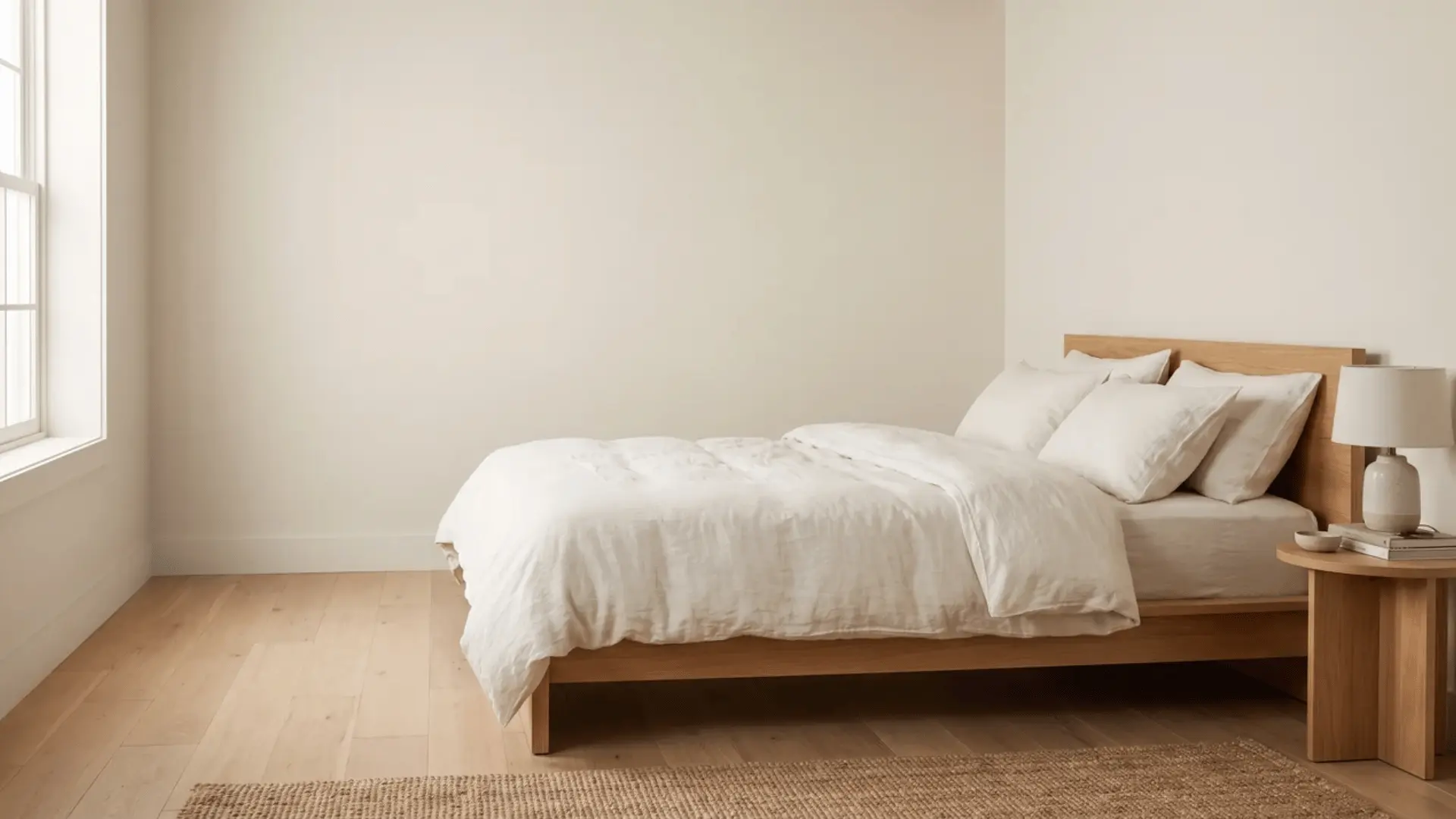 Bedroom with creamy warm white walls, off-white linens, and natural wood furniture