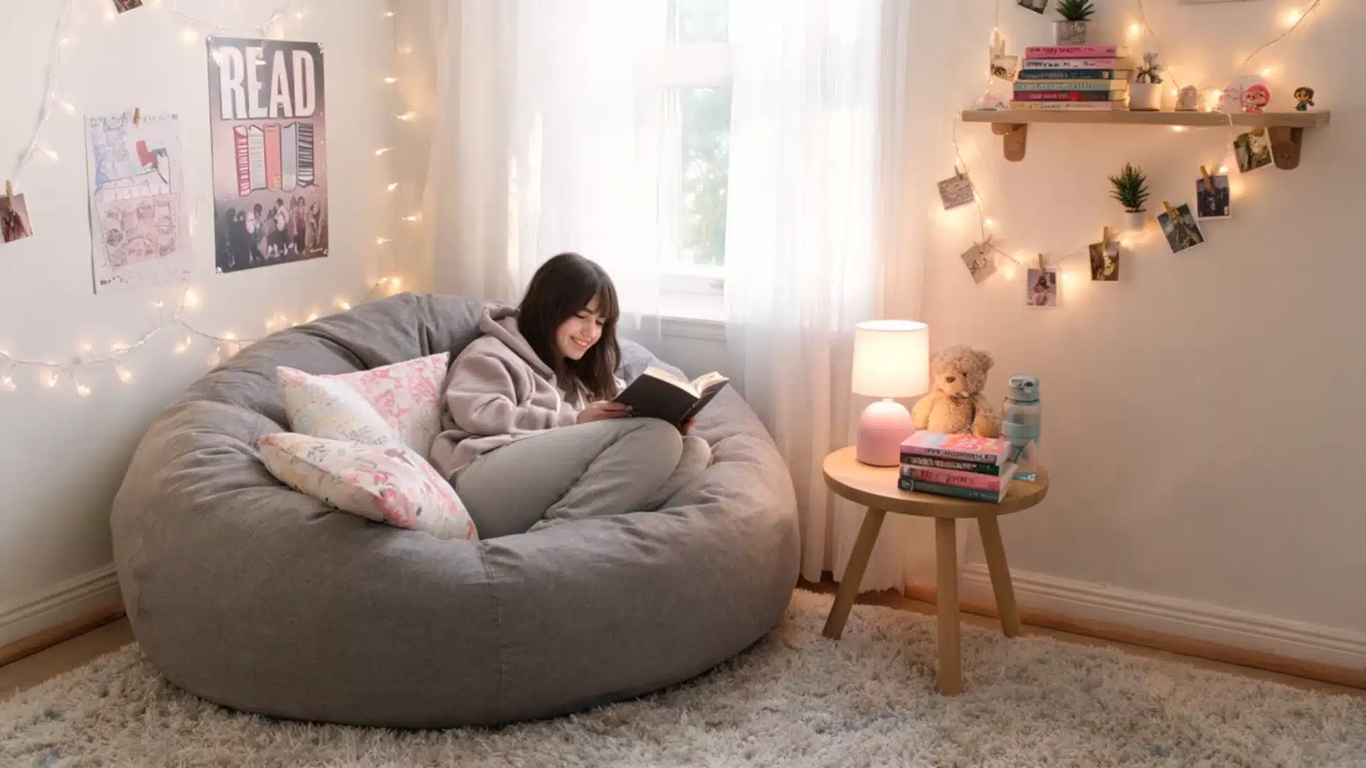 Teen girl happily reading inside a large cozy bean bag chair decorated with string lights.