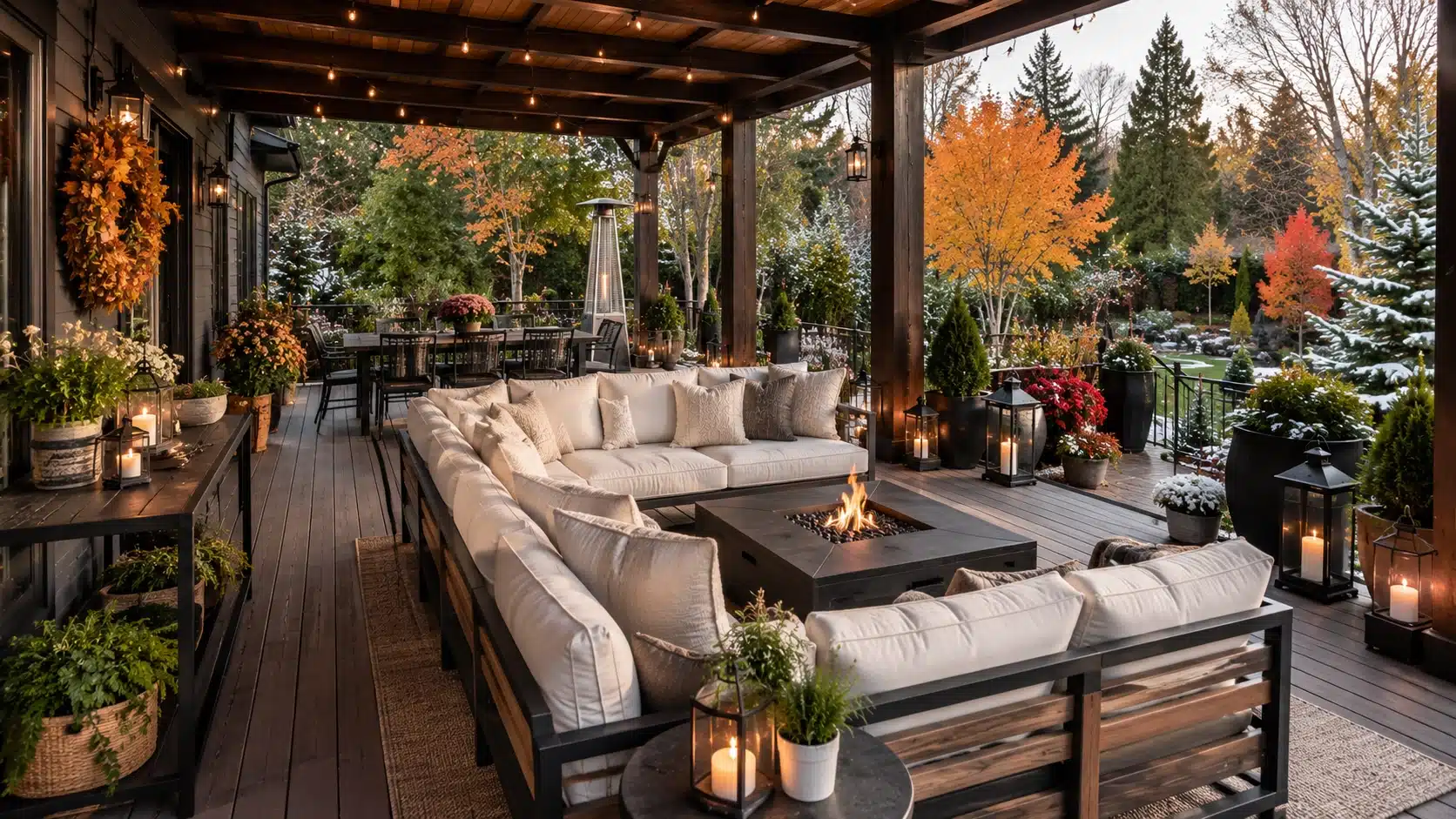 Four-season deck with neutral furniture, pergola, layered seasonal decor, evergreen planters, and year-round outdoor living.