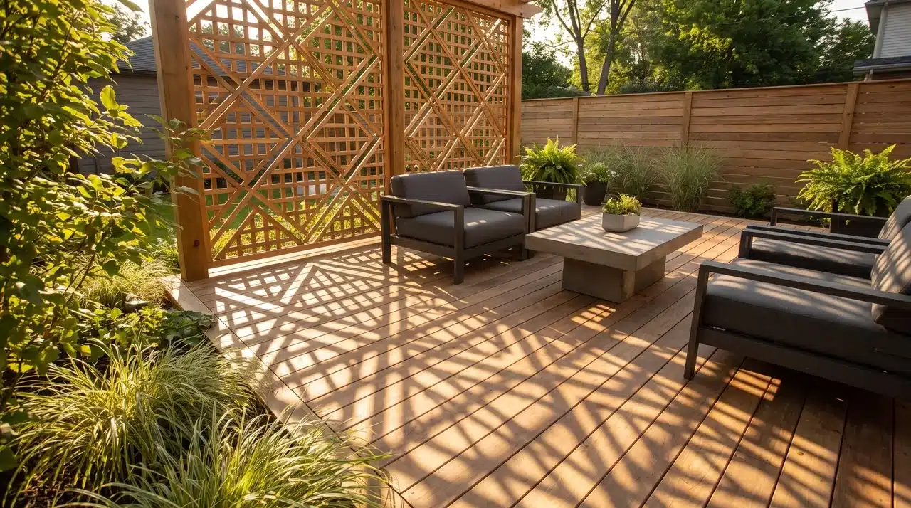 Wooden deck with lattice shadow patterns, minimalist seating, and soft architectural light creating geometric outdoor visuals.