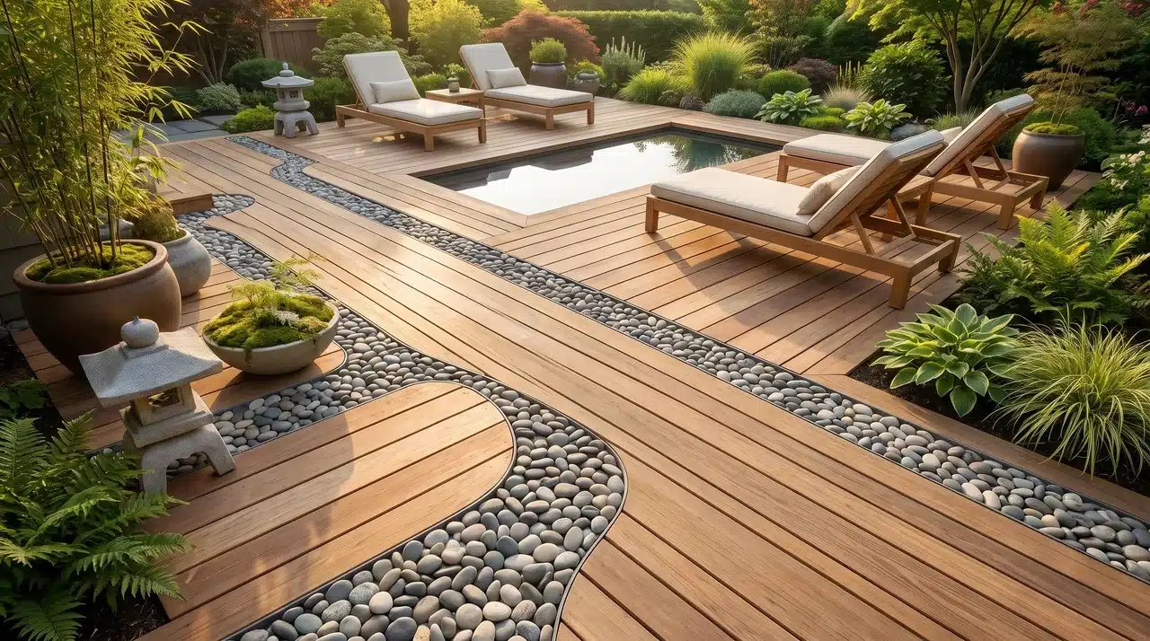 Wooden deck with decorative pebble inlays, cedar flooring, minimalist seating, and serene spa-inspired outdoor styling.