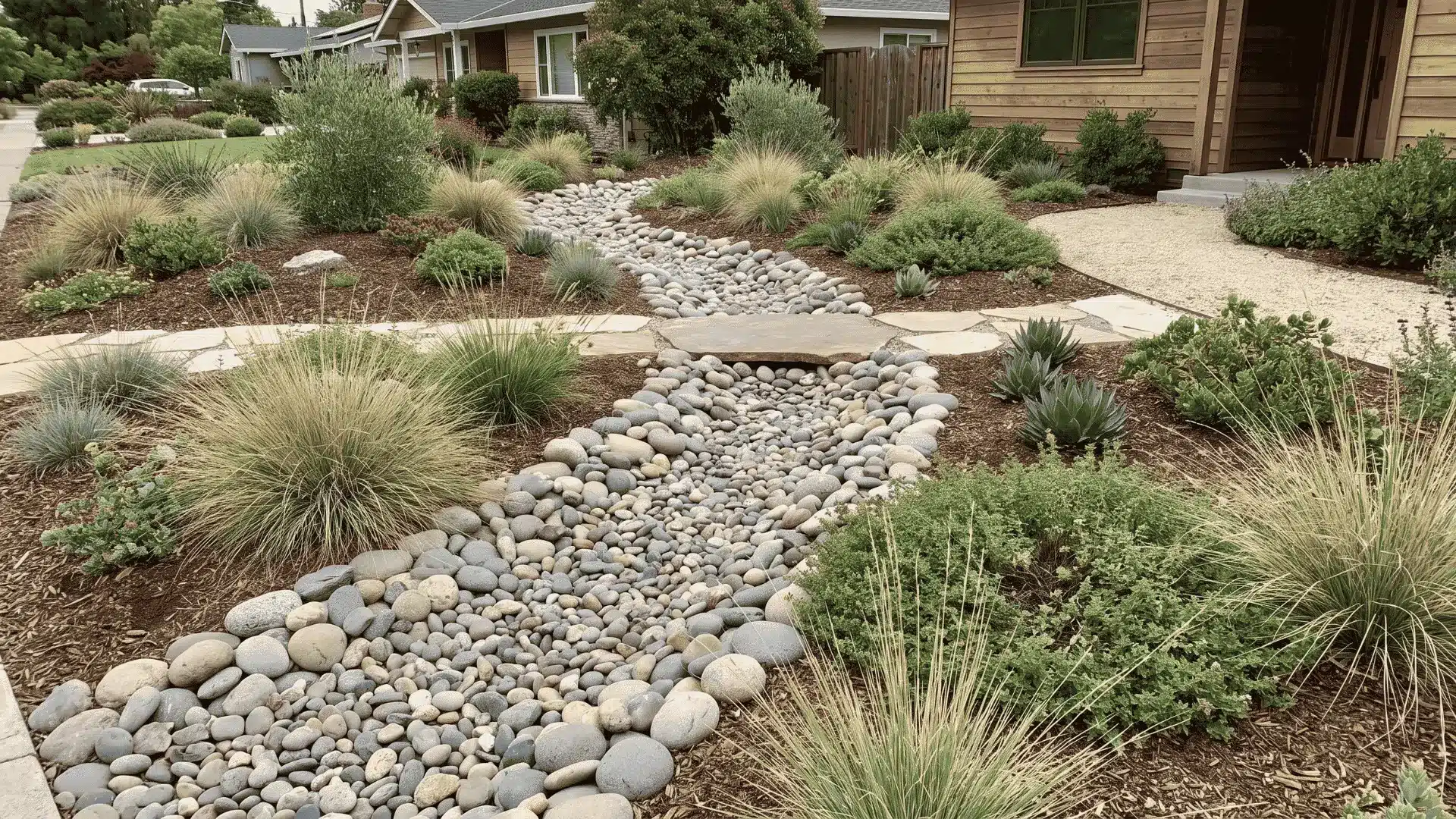 Dry creek bed of smooth stones guiding water flow through a landscaped front yard.