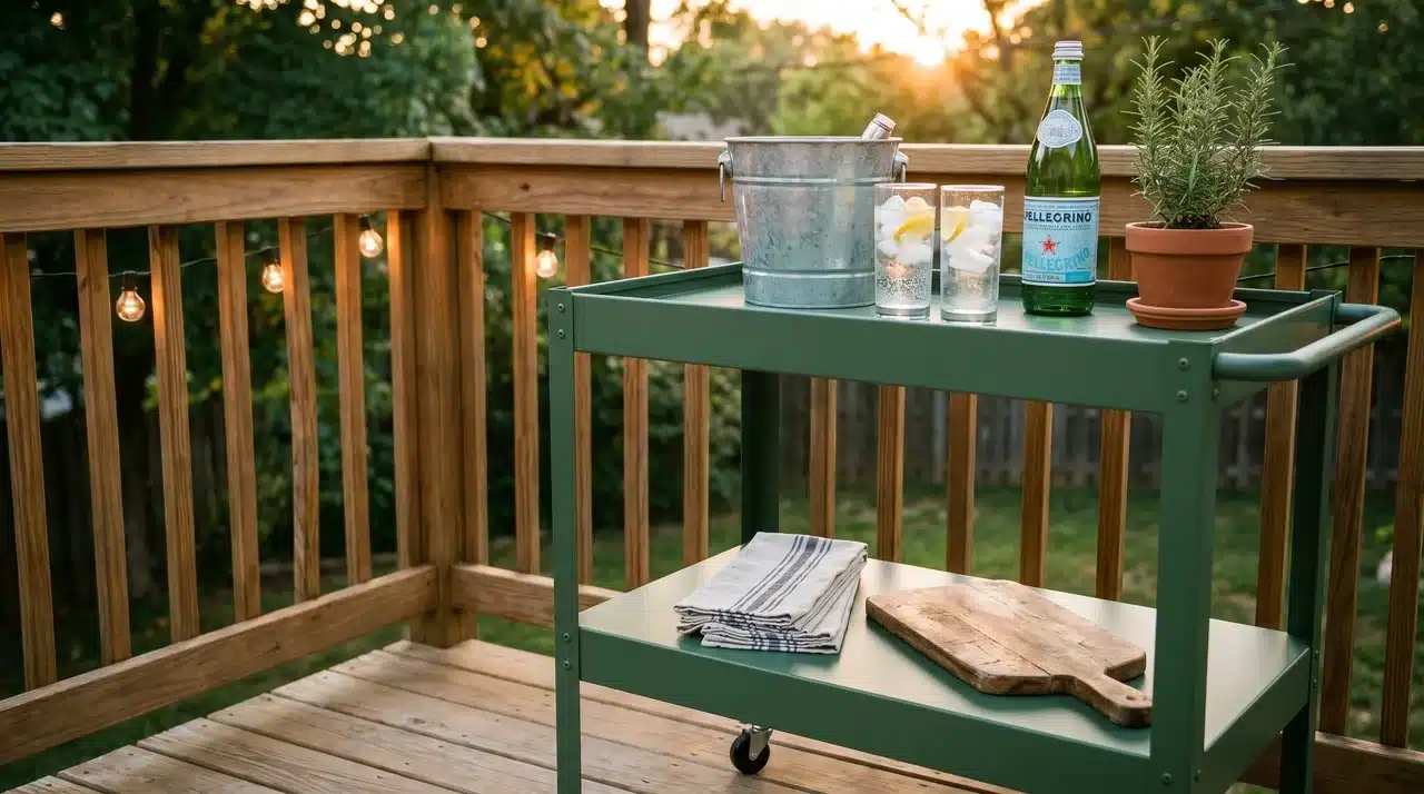 Matte green repurposed metal bar cart on deck with ice bucket, glasses, sparkling water, herb pot and string lights in background.