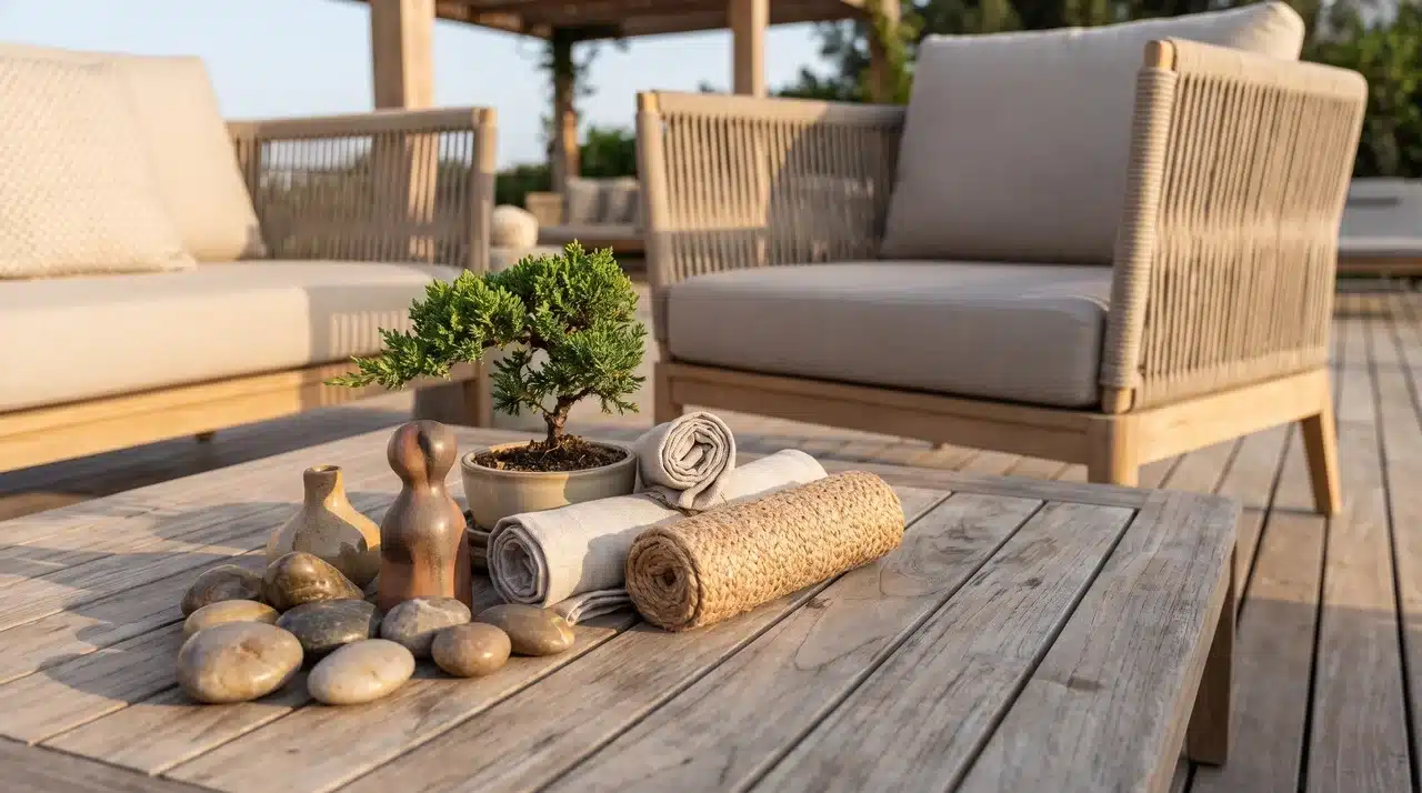 Outdoor deck table styled with micro-landscape decor, stones, ceramics, and bonsai in a minimalist luxury composition.