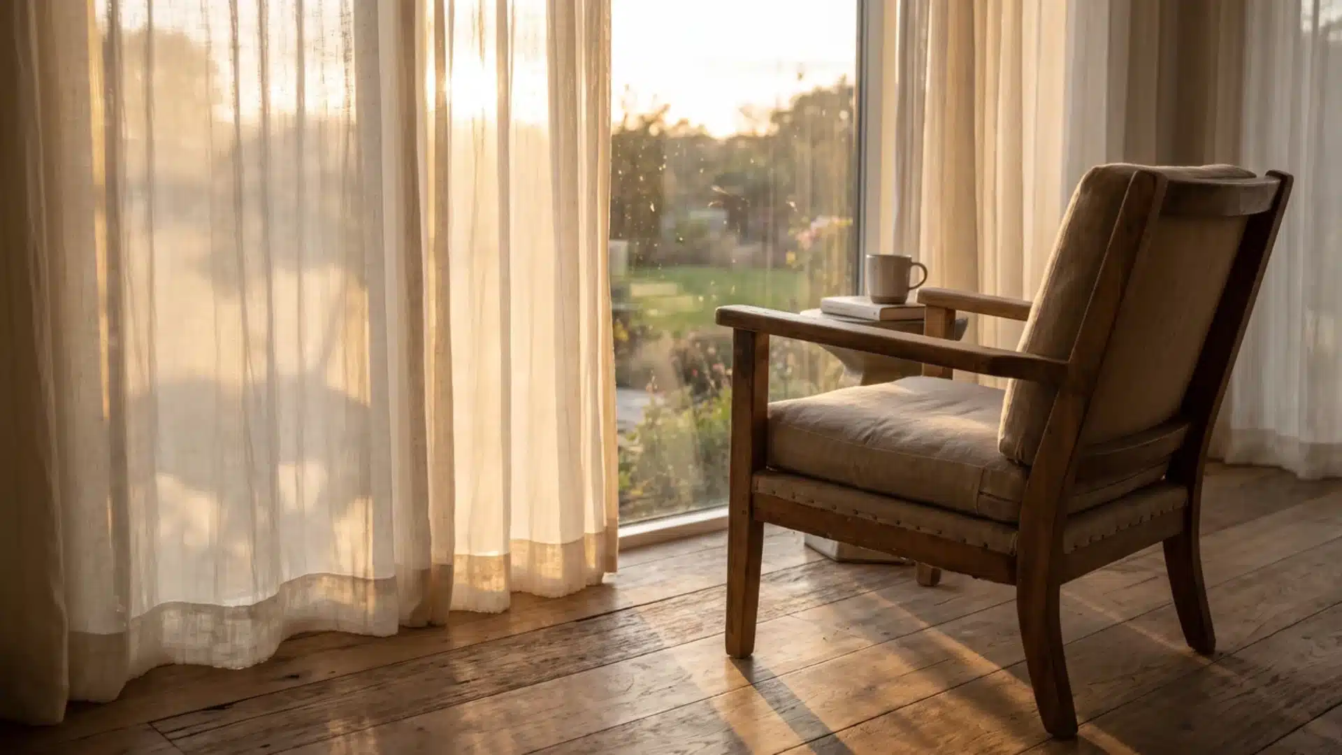 chair beside a window with sheer curtains and afternoon light