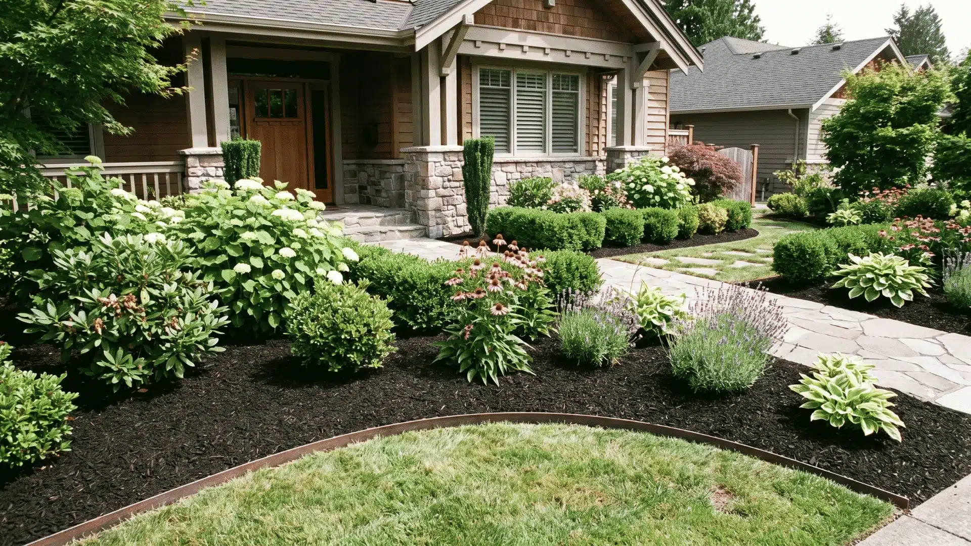 Front yard with bark mulch beds surrounding shrubs and perennials for easy maintenance.