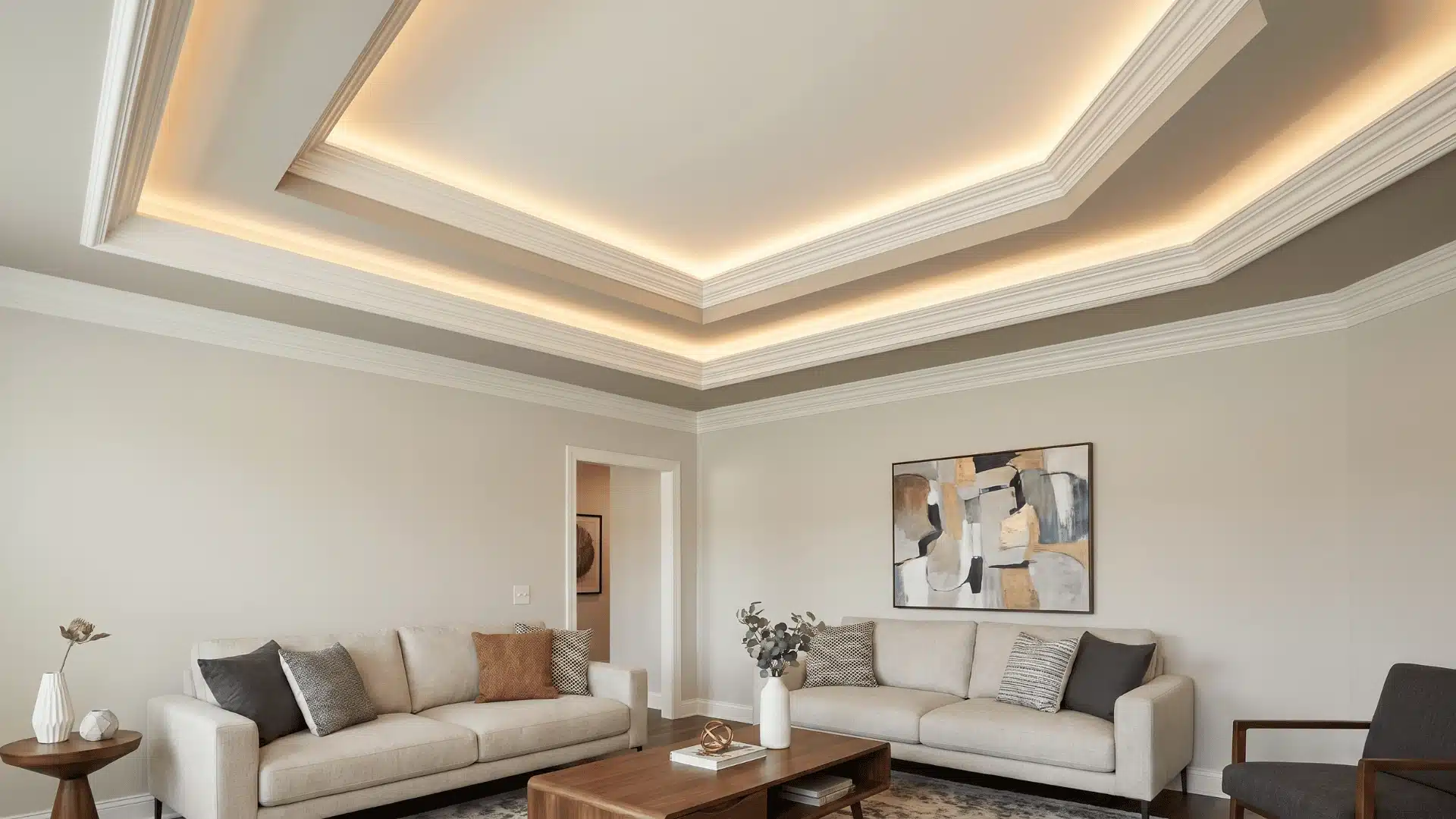 Tray ceiling with crown molding emphasizing edge separation.