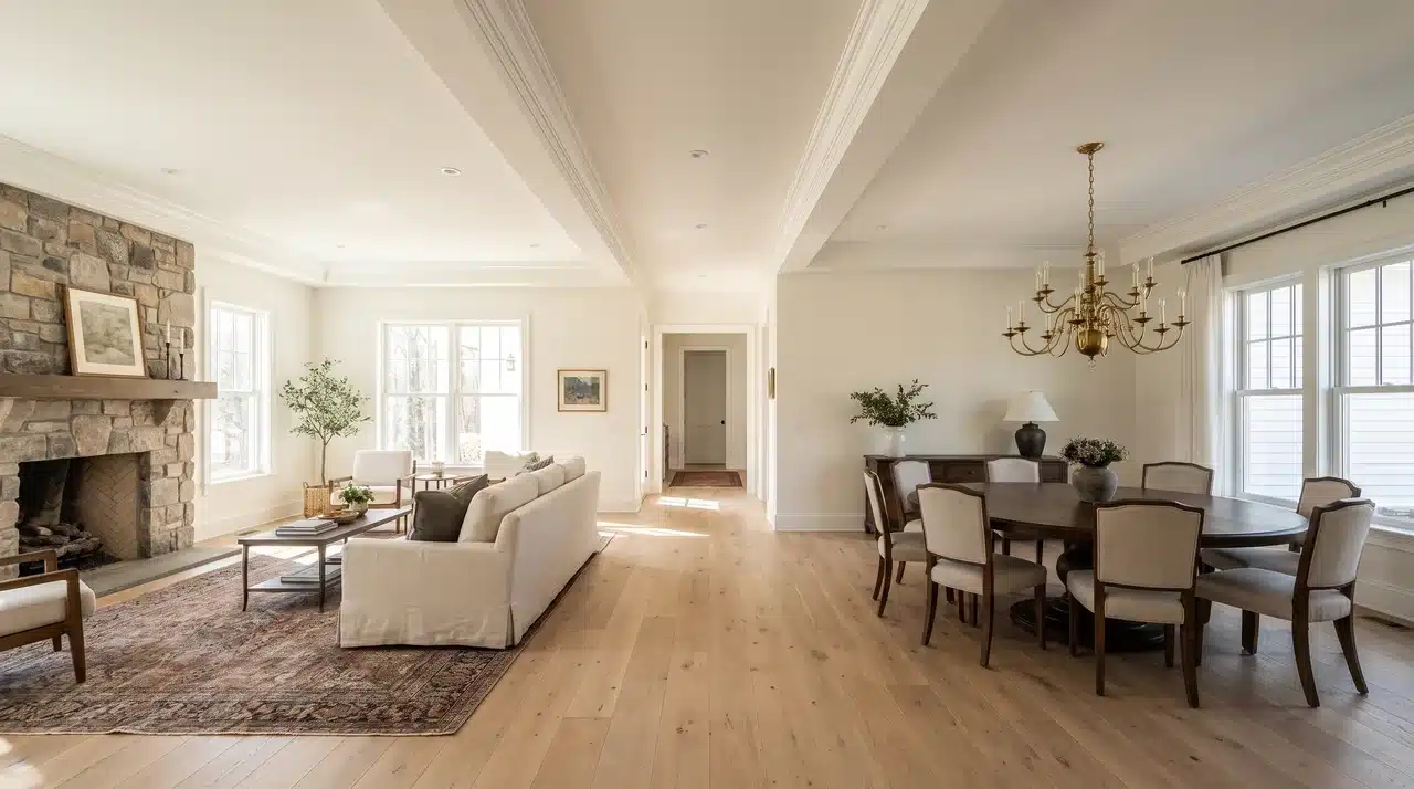  Open-plan living and dining room with continuous white stacked crown molding running unbroken across both spaces at 10-foot ceilings.