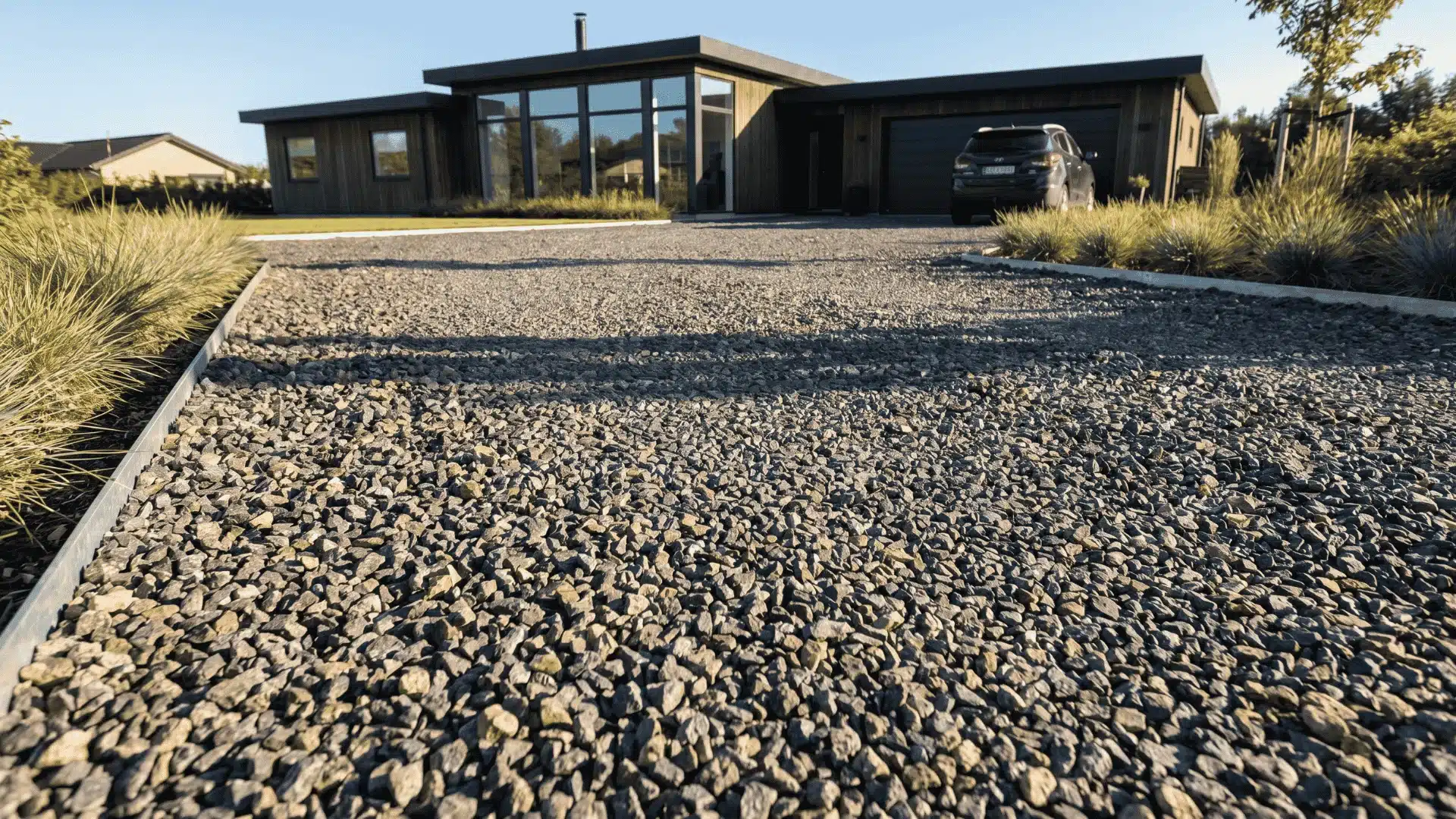 Crushed stone driveway with tightly packed angular gravel creating a strong and stable surface.