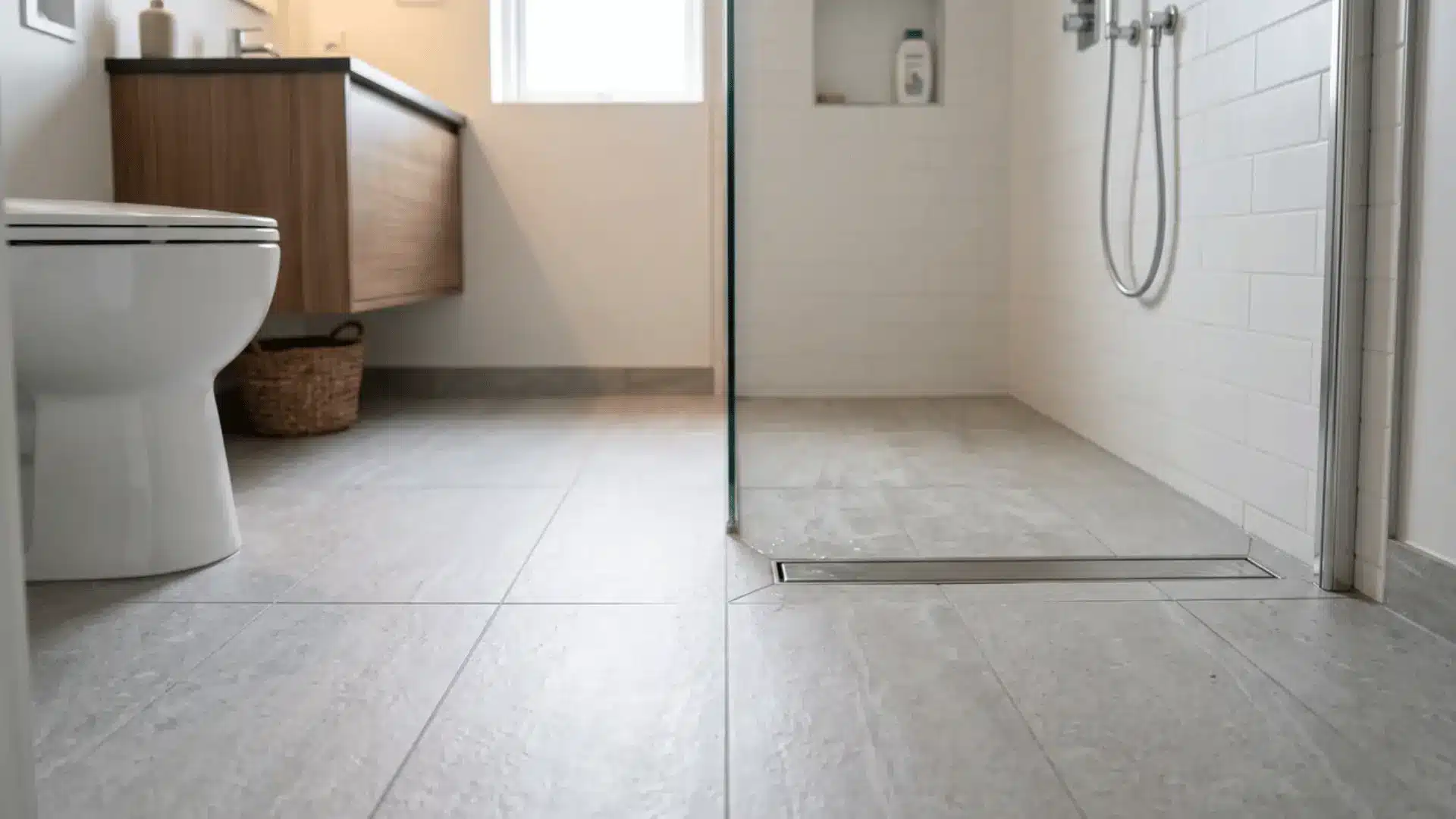 Curbless shower entry with continuous bathroom floor