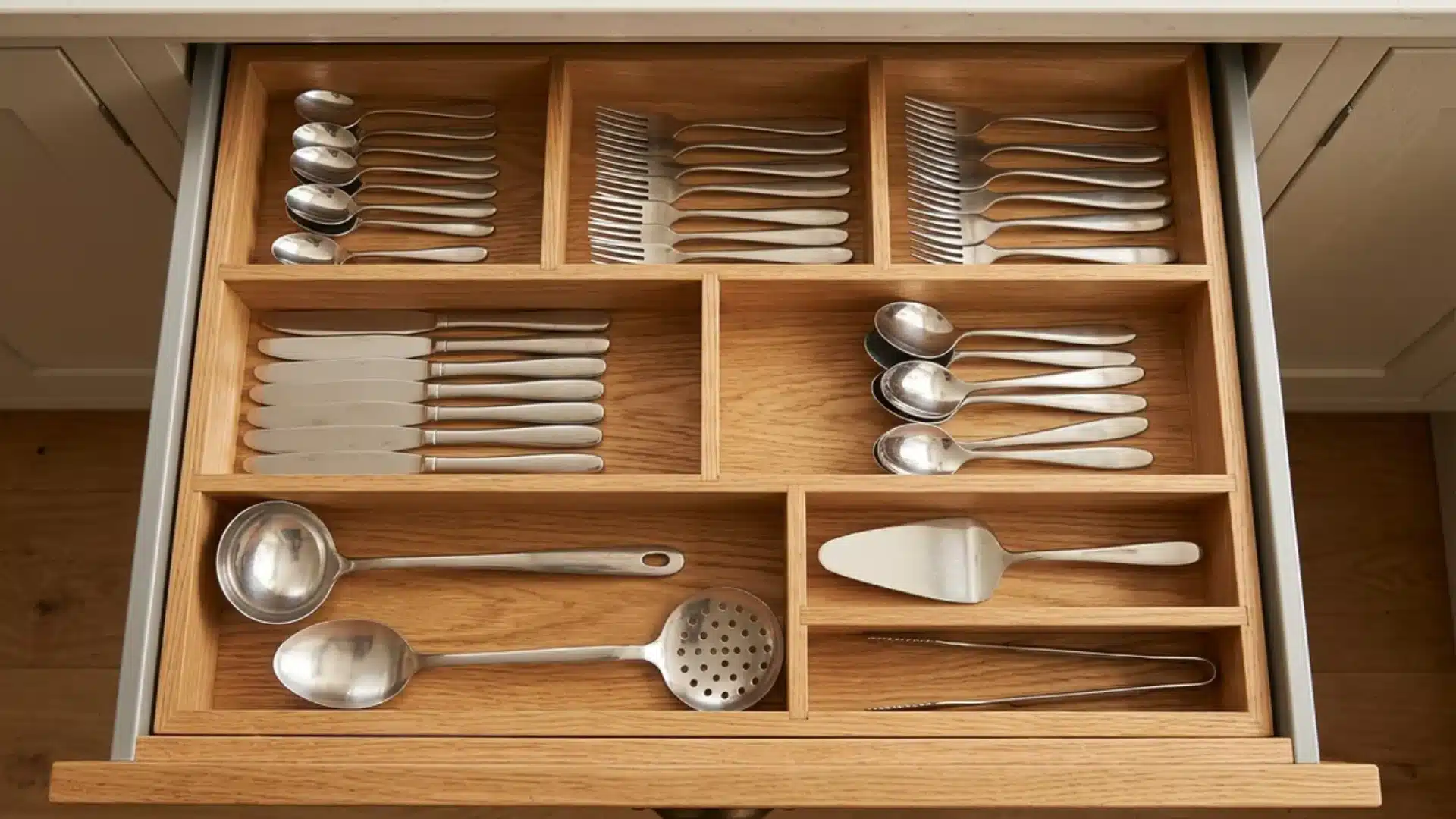 wooden drawer insert holding neatly organized utensils inside an open kitchen drawer