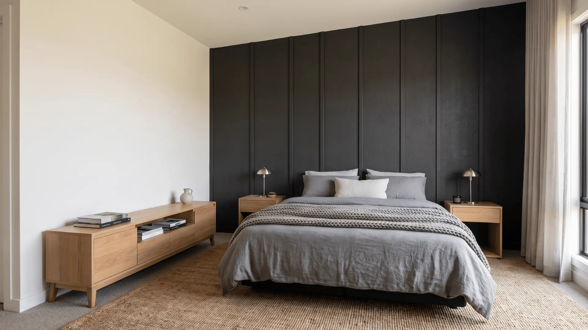 Men’s bedroom with a charcoal accent wall, neutral bedding, and modern furniture