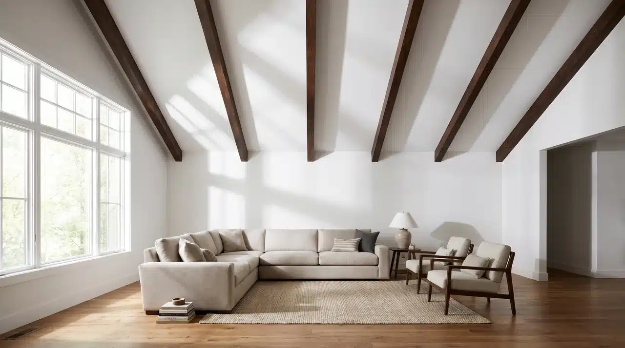 Transitional vaulted ceiling living room with dark walnut stained exposed beams contrasting against white vault in bright natural daylight.