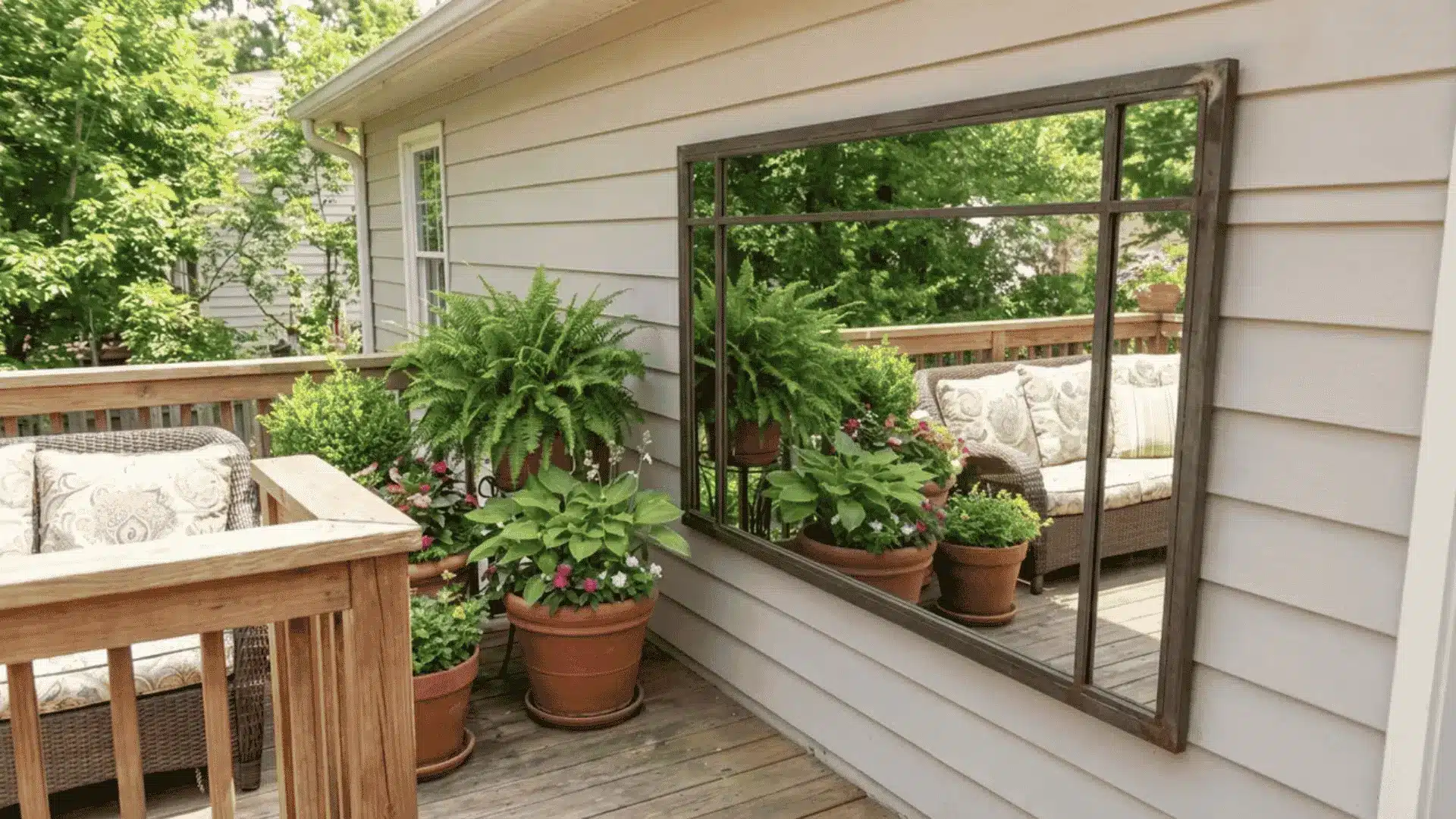 Outdoor mirror reflecting plants and a seating area on a residential deck