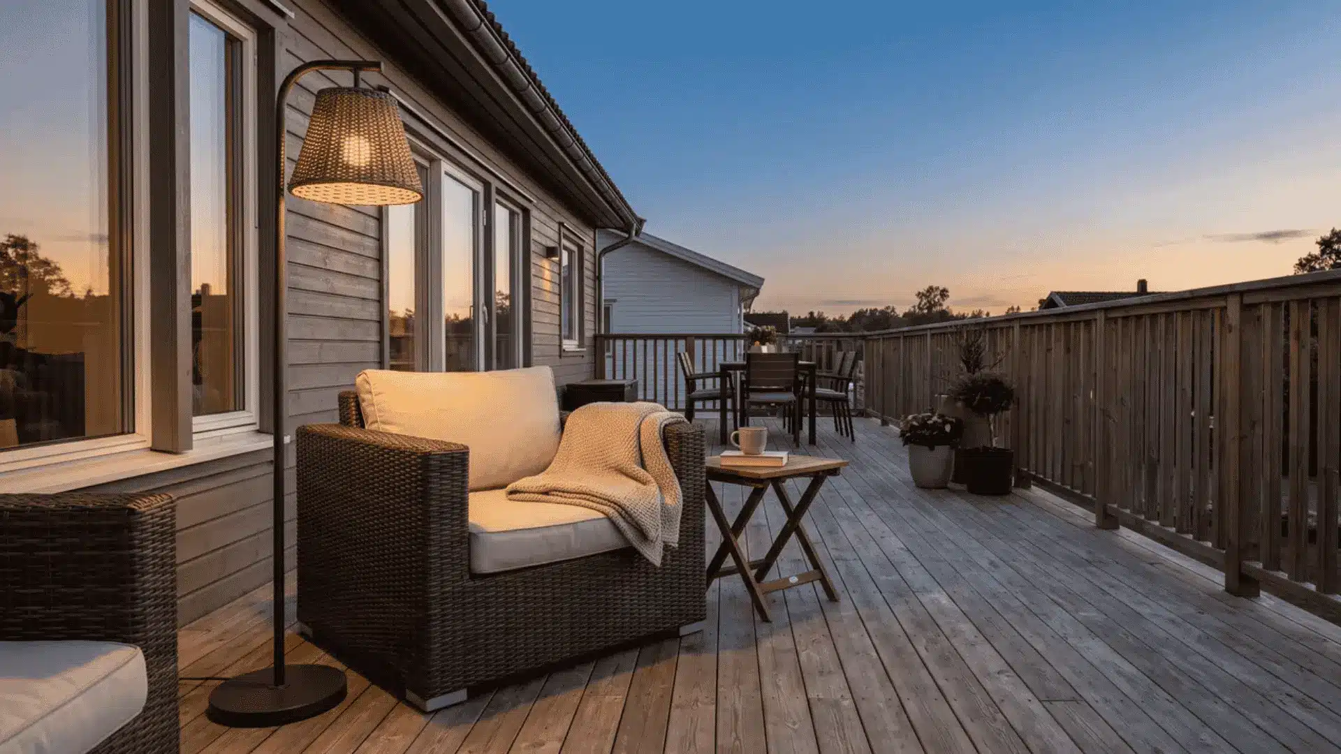  Covered deck at evening with bronze pendant over bistro table and cream shade floor lamp beside reading chair in warm light