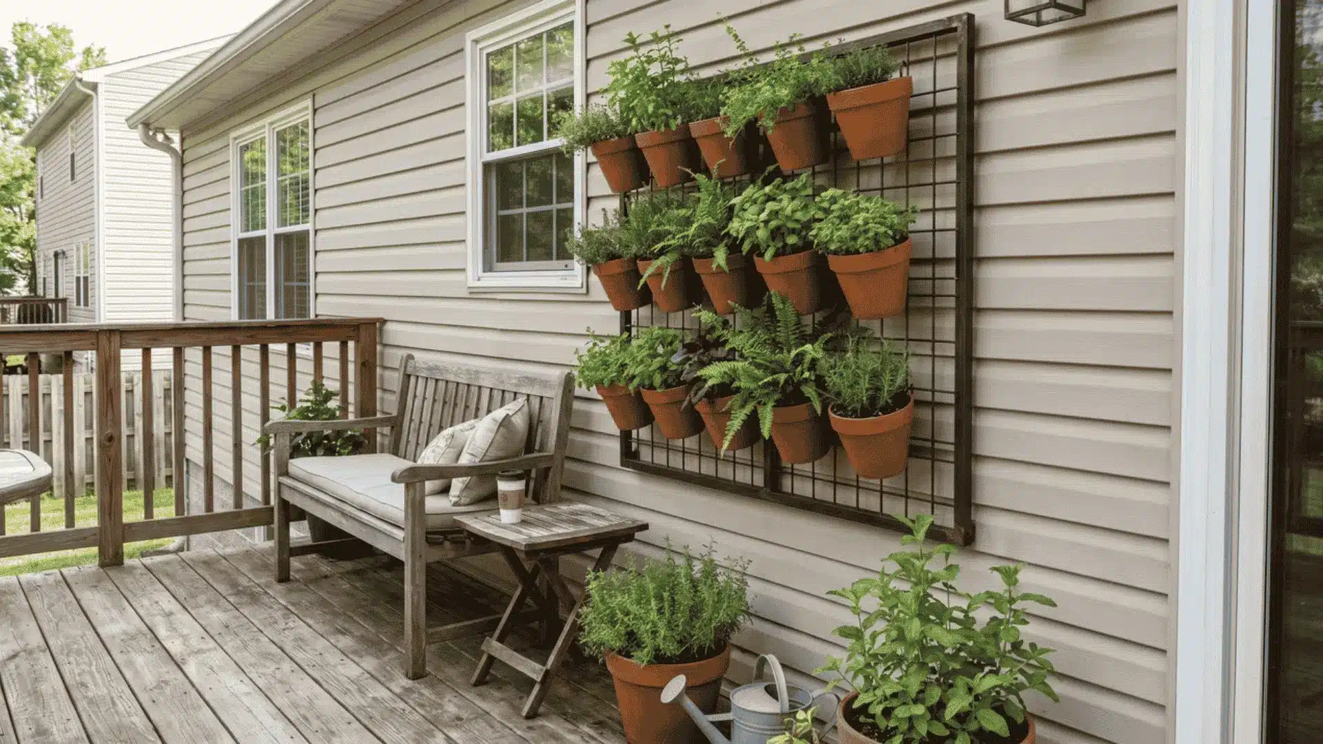 vertical cedar planter wall on deck with basil, mint, rosemary and trailing nasturtiums in bright morning light.
