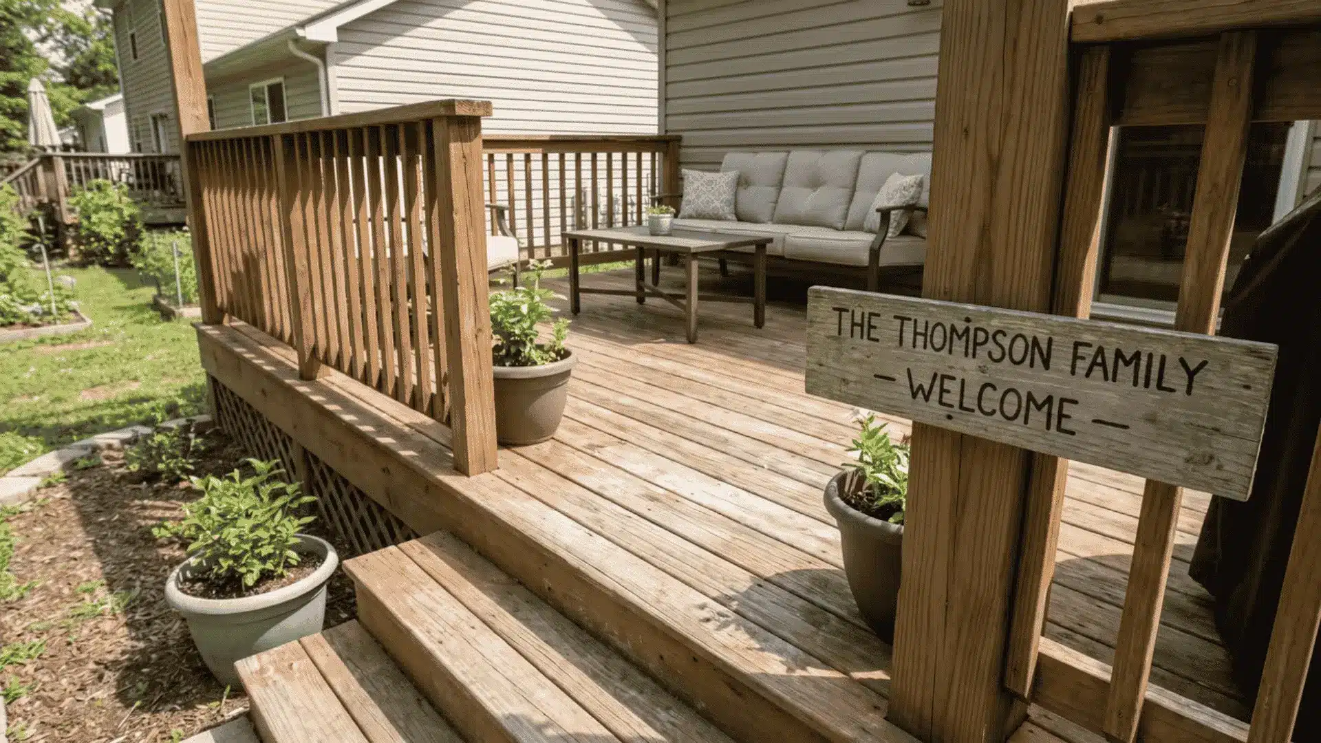 Deck entry with natural wood family name sign, twin boxwood topiaries and welcome mat on exterior house wall in afternoon light.