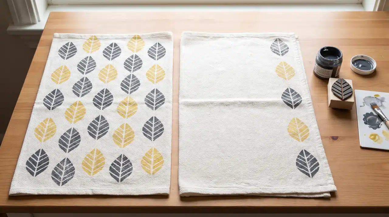 Cotton kitchen towels with simple stamped fabric paint patterns on a work surface