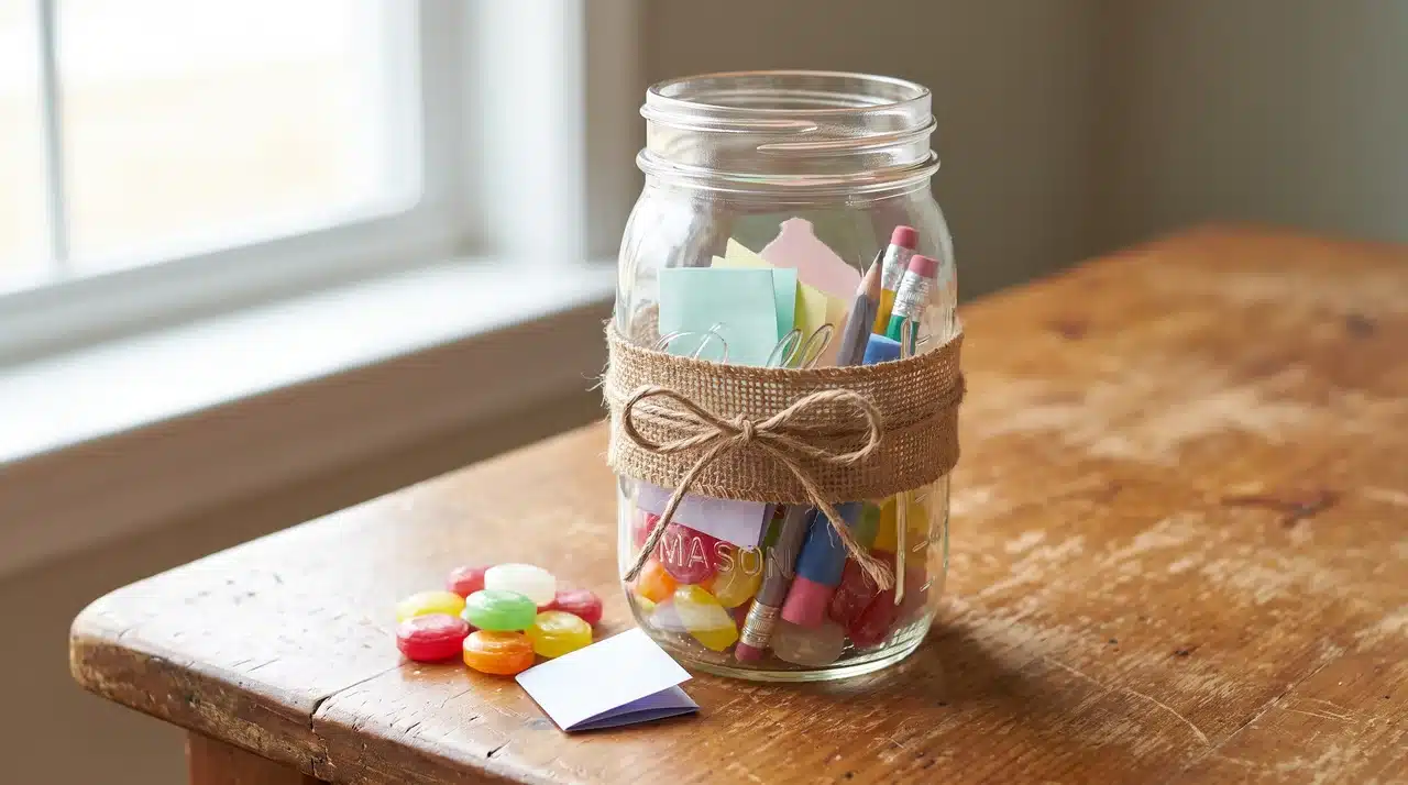 Mason jar with ribbon and twine partly filled with candy, notes, and stationery