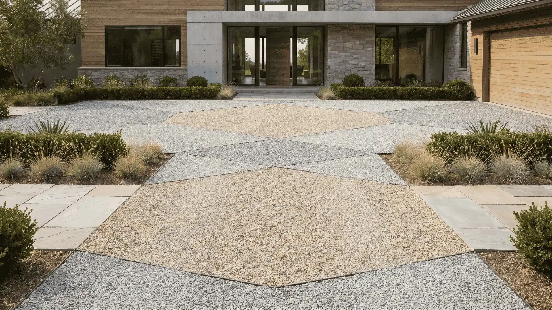 Decorative gravel driveway featuring patterned stone design for visual appeal.