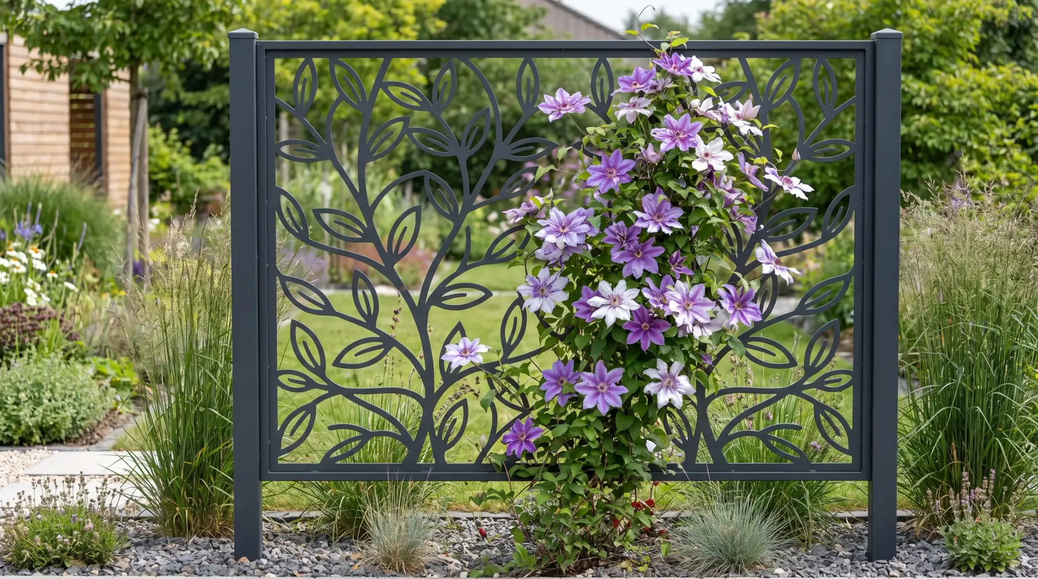 Decorative metal trellis panel with a botanical pattern supporting flowering clematis.