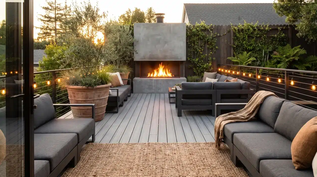 Modern farmhouse deck with a central firepit focal point, inward-facing sectional seating, jute rug, and string lights at golden hour.