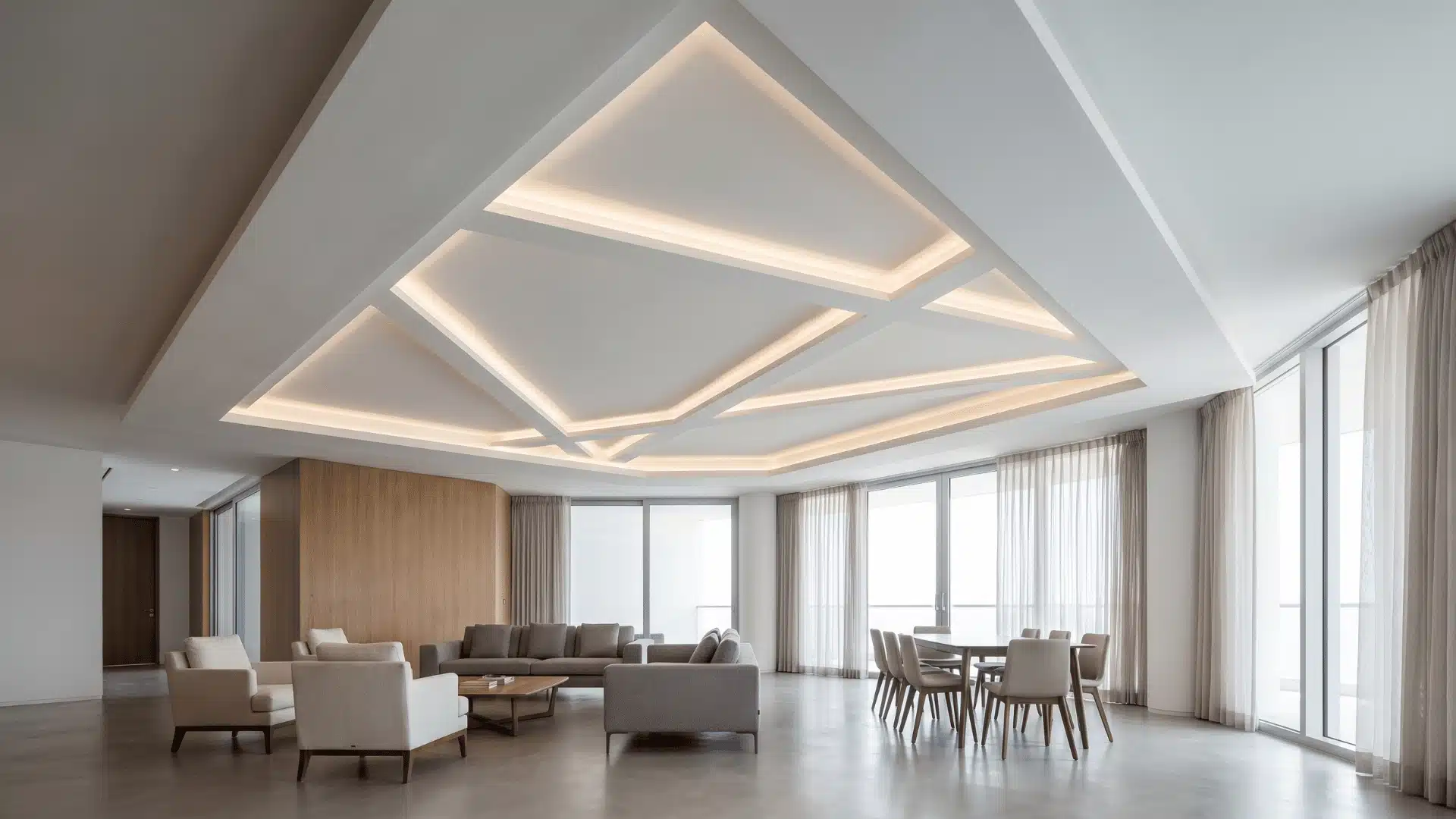 Diagonal split tray ceiling dividing recessed ceiling area with sharp angled geometry in a modern living room.