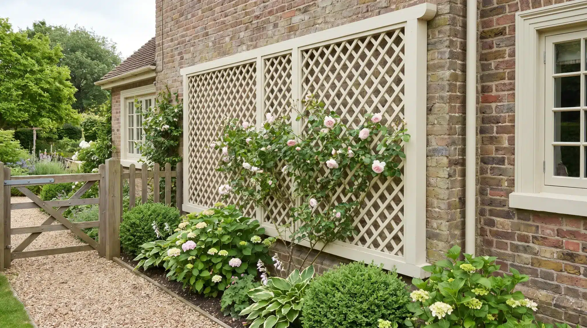 Framed diamond lattice trellis supporting a climbing rose in a traditional home garden.