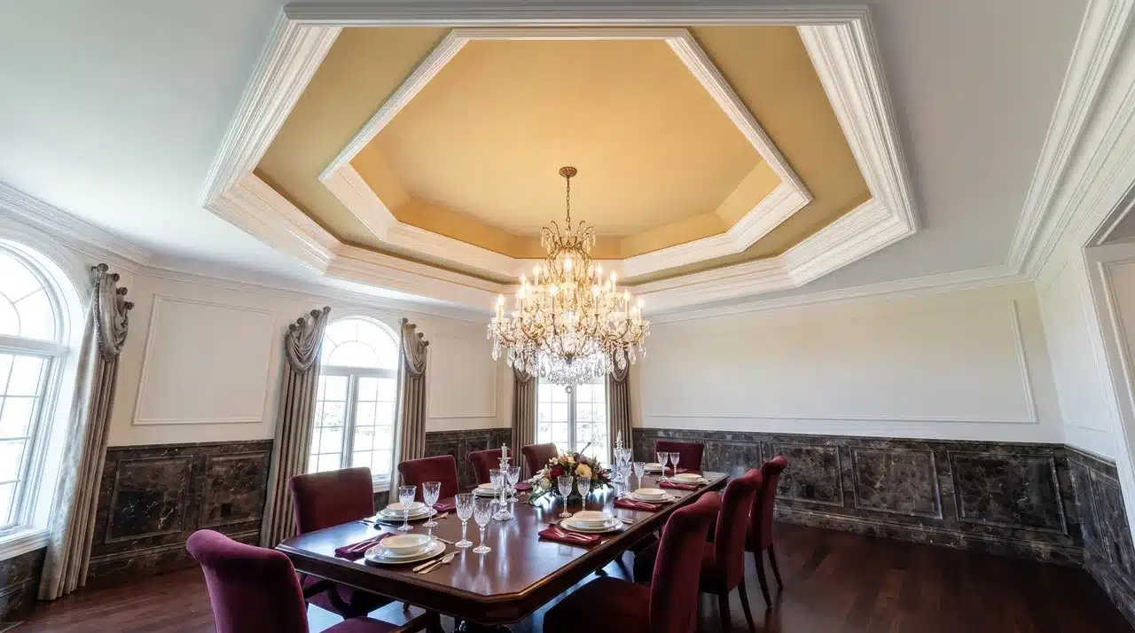 A grand dining room where white crown molding frames every edge of a warm gold tray ceiling, anchoring the architectural detail above a mahogany table set for eight.